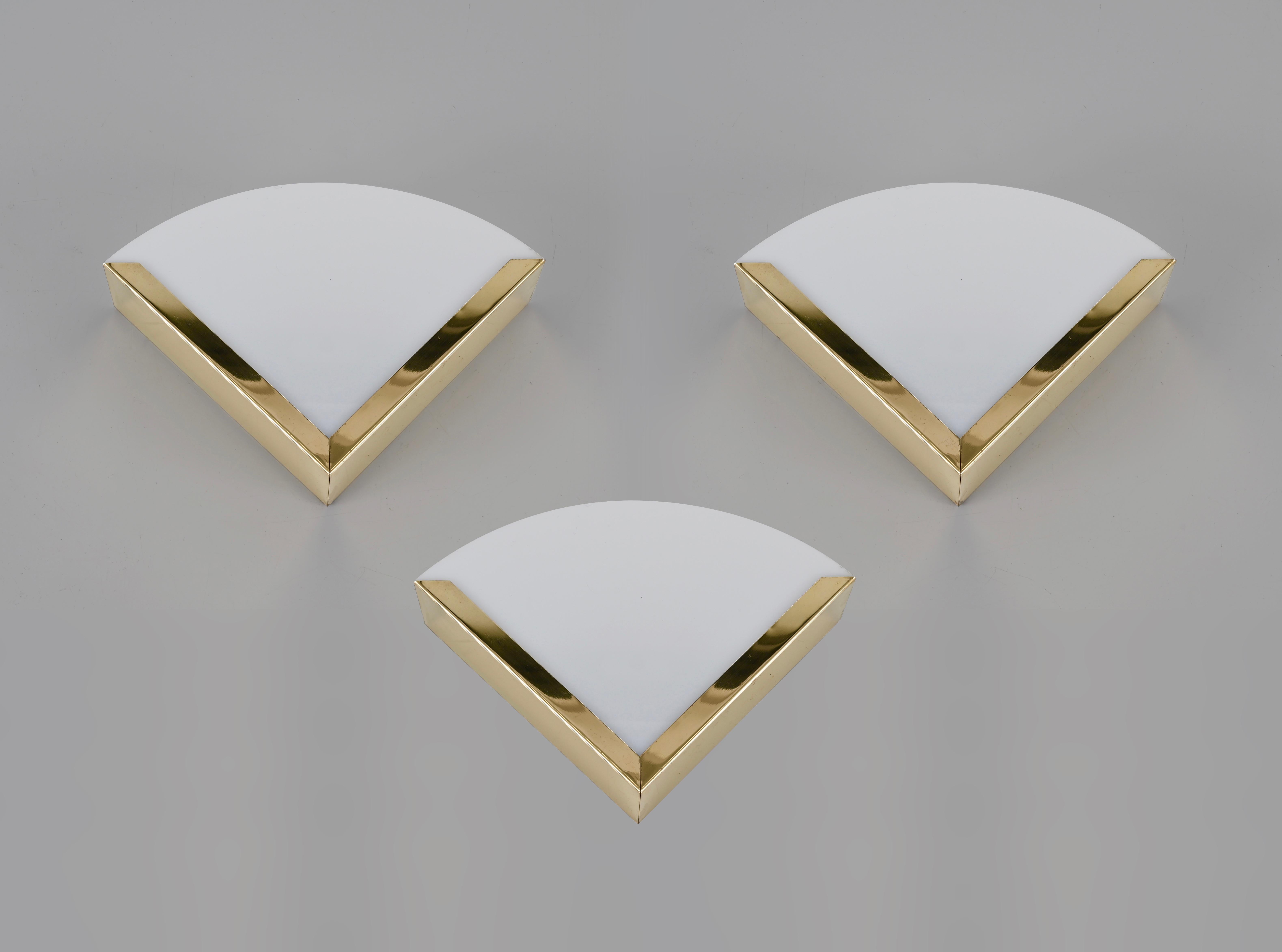 Italian Triangular Sconces in Brass and White Perspex, Italy 1970s For Sale 1