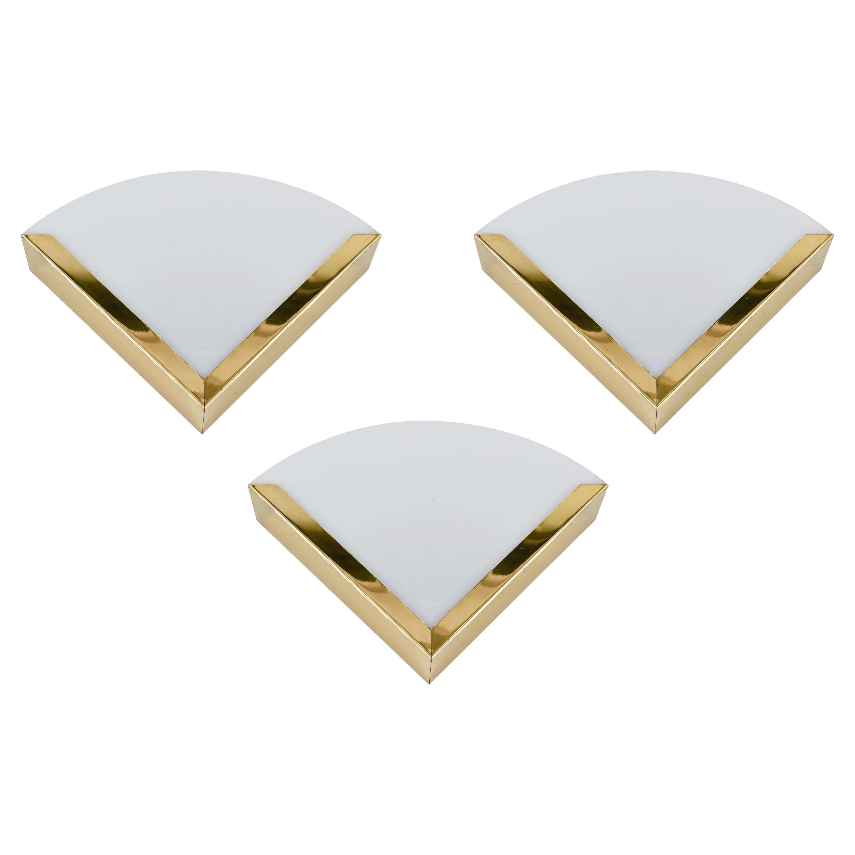 Italian Triangular Sconces in Brass and White Perspex, Italy 1970s