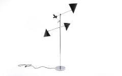 Italian Triennale Three Arm Floor Lamp. Black Perforated Shades and Chrome