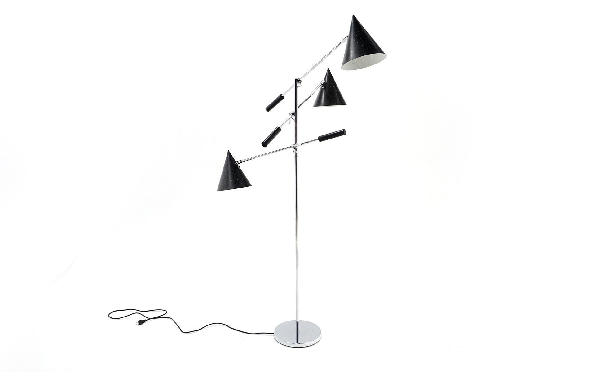 Mid-Century Modern Italian Triennale Three Arm Floor Lamp. Black Perforated Shades and Chrome