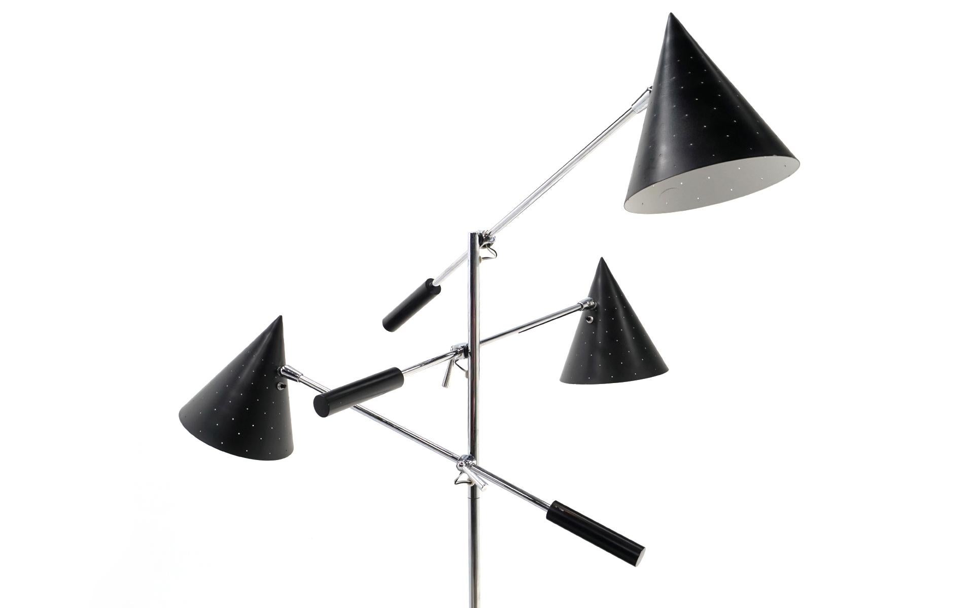 Enameled Italian Triennale Three Arm Floor Lamp. Black Perforated Shades and Chrome