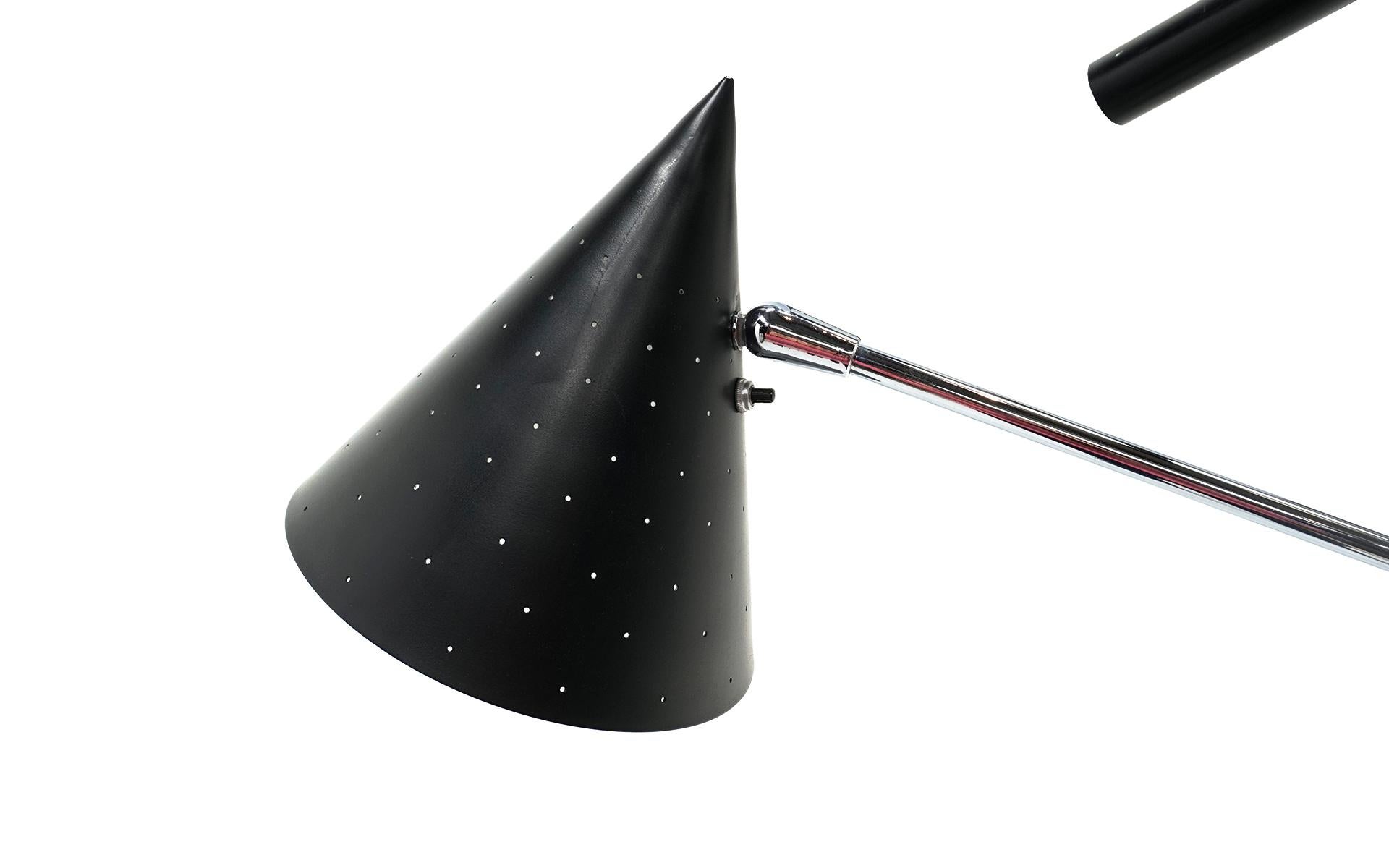 Italian Triennale Three Arm Floor Lamp. Black Perforated Shades and Chrome In Good Condition In Kansas City, MO