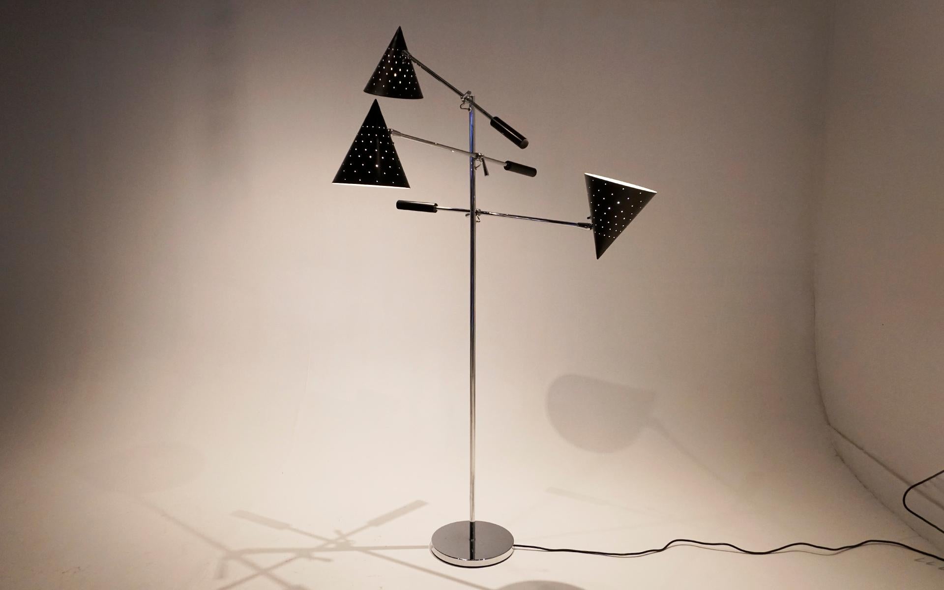 Italian Triennale Three Arm Floor Lamp. Black Perforated Shades and Chrome 1
