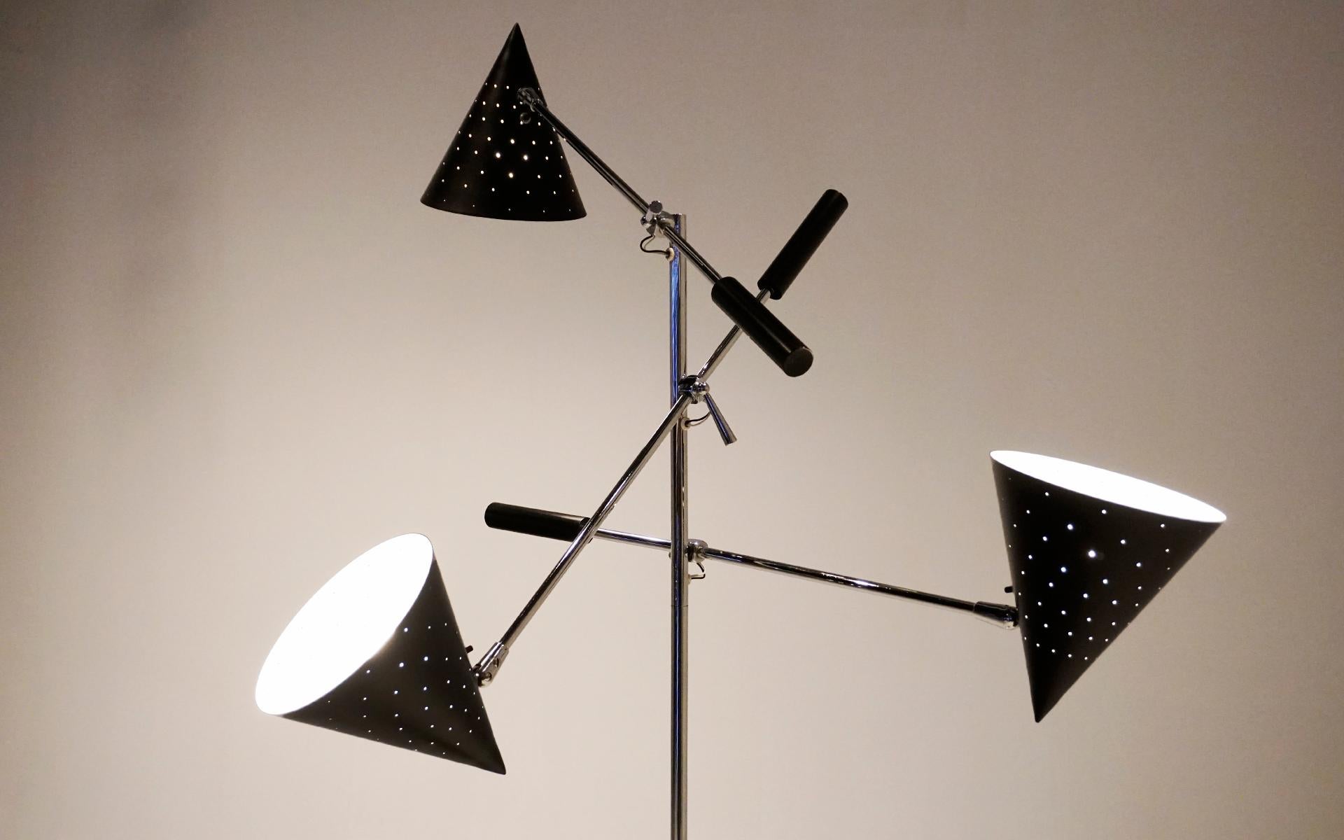 Italian Triennale Three Arm Floor Lamp. Black Perforated Shades and Chrome 2