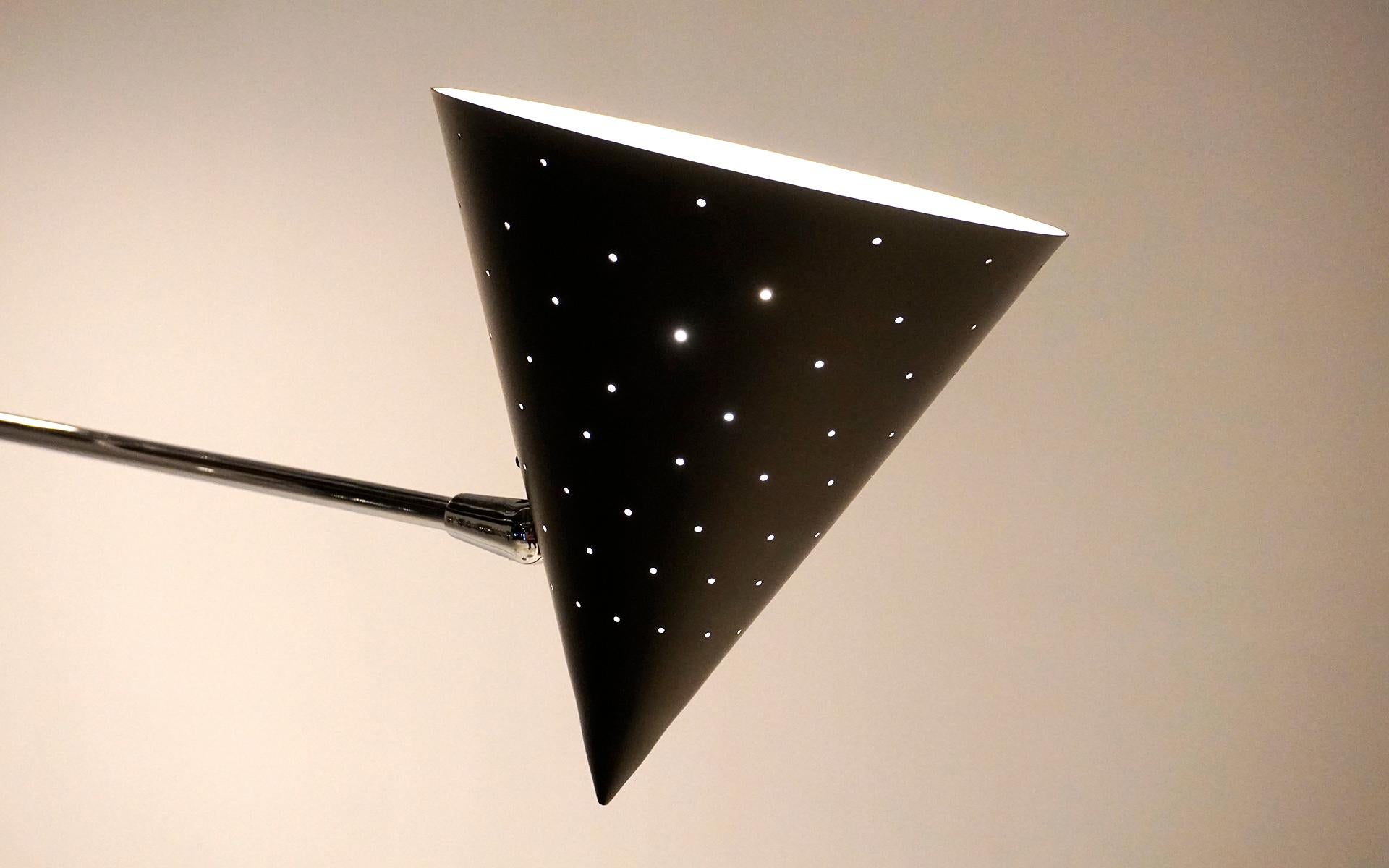 Italian Triennale Three Arm Floor Lamp. Black Perforated Shades and Chrome 3