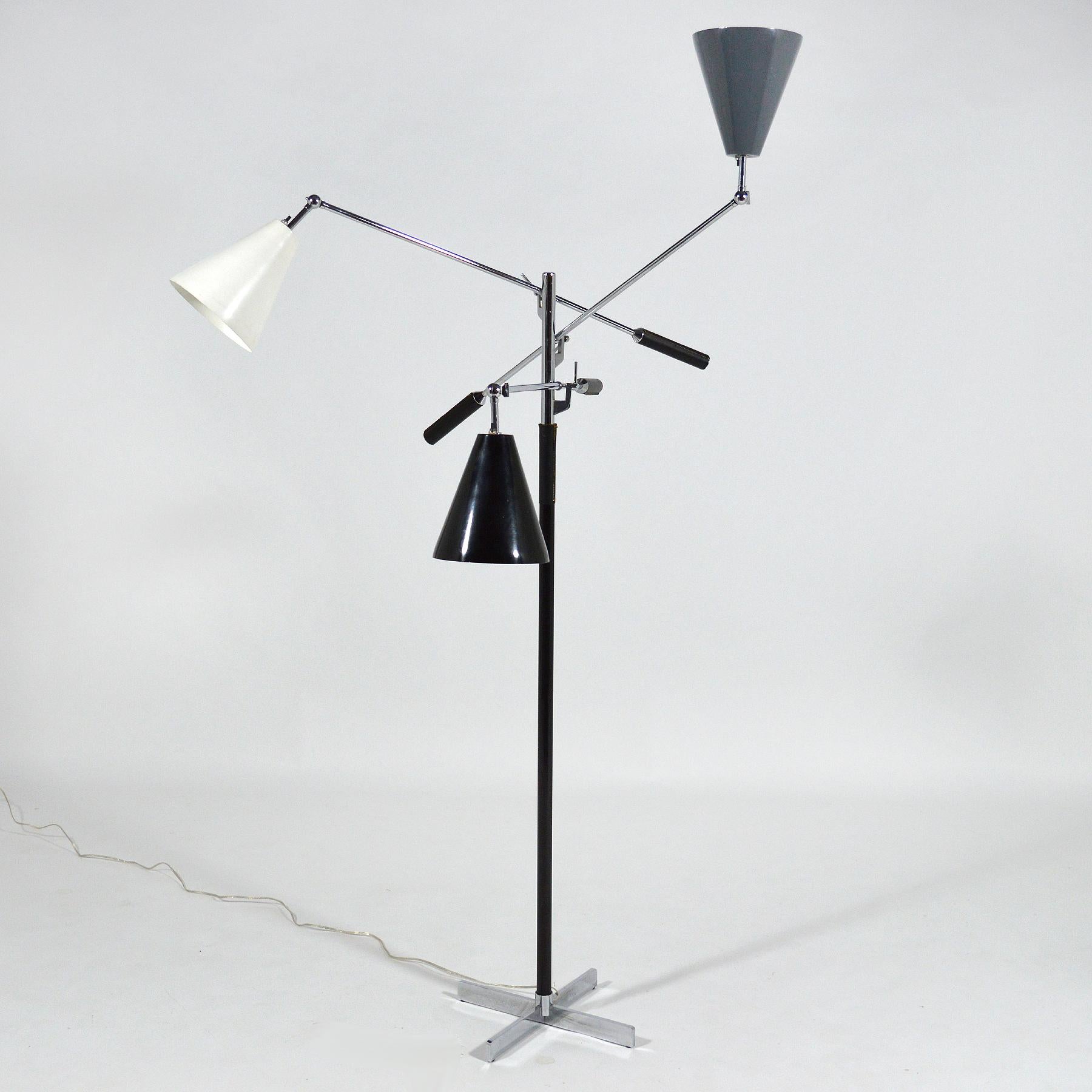 Plated Italian Triennale Three-Arm Floor Lamp with X Base For Sale