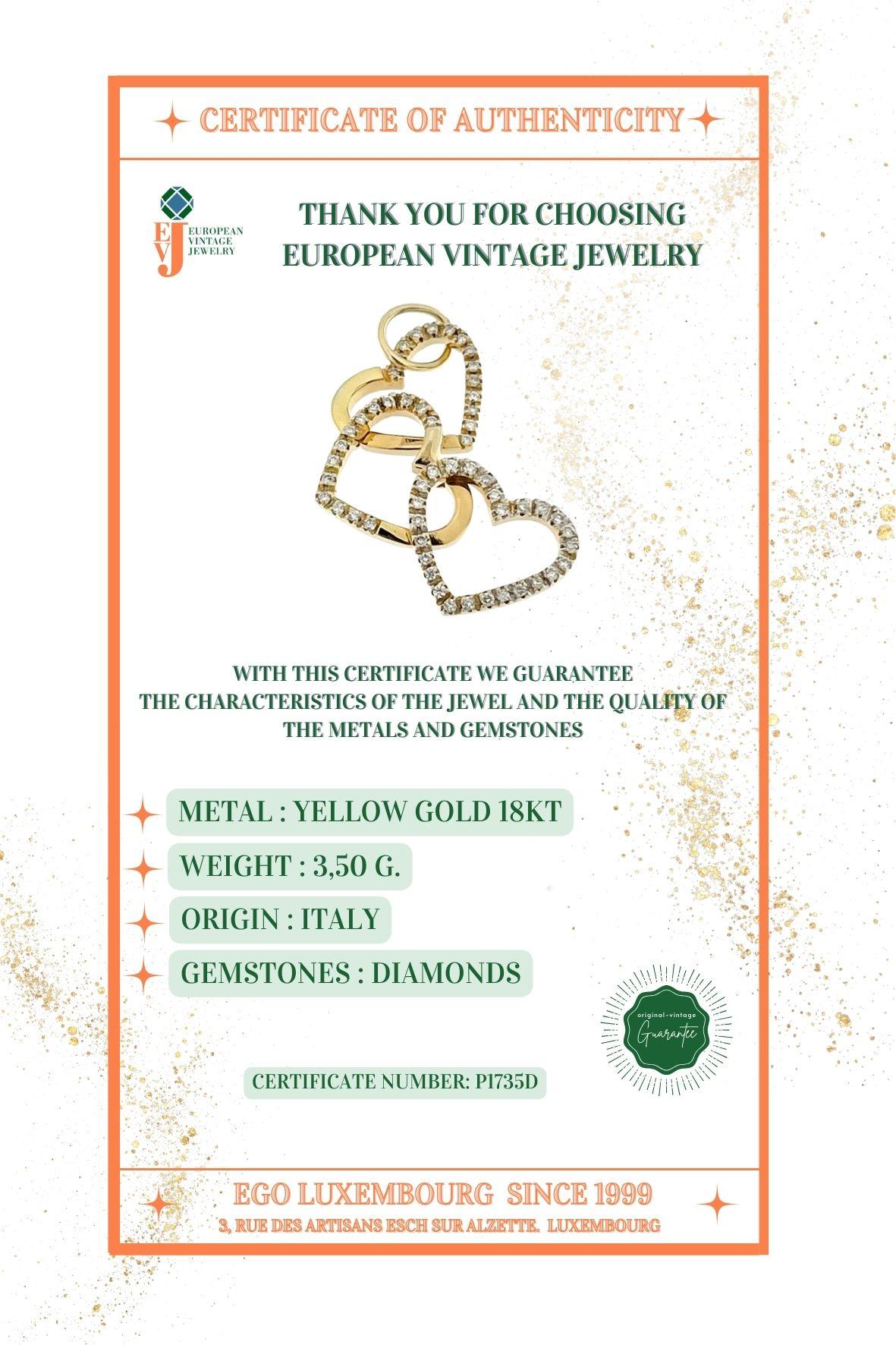 Women's or Men's Italian Triple Heart Pendant Yellow Gold and Diamonds For Sale