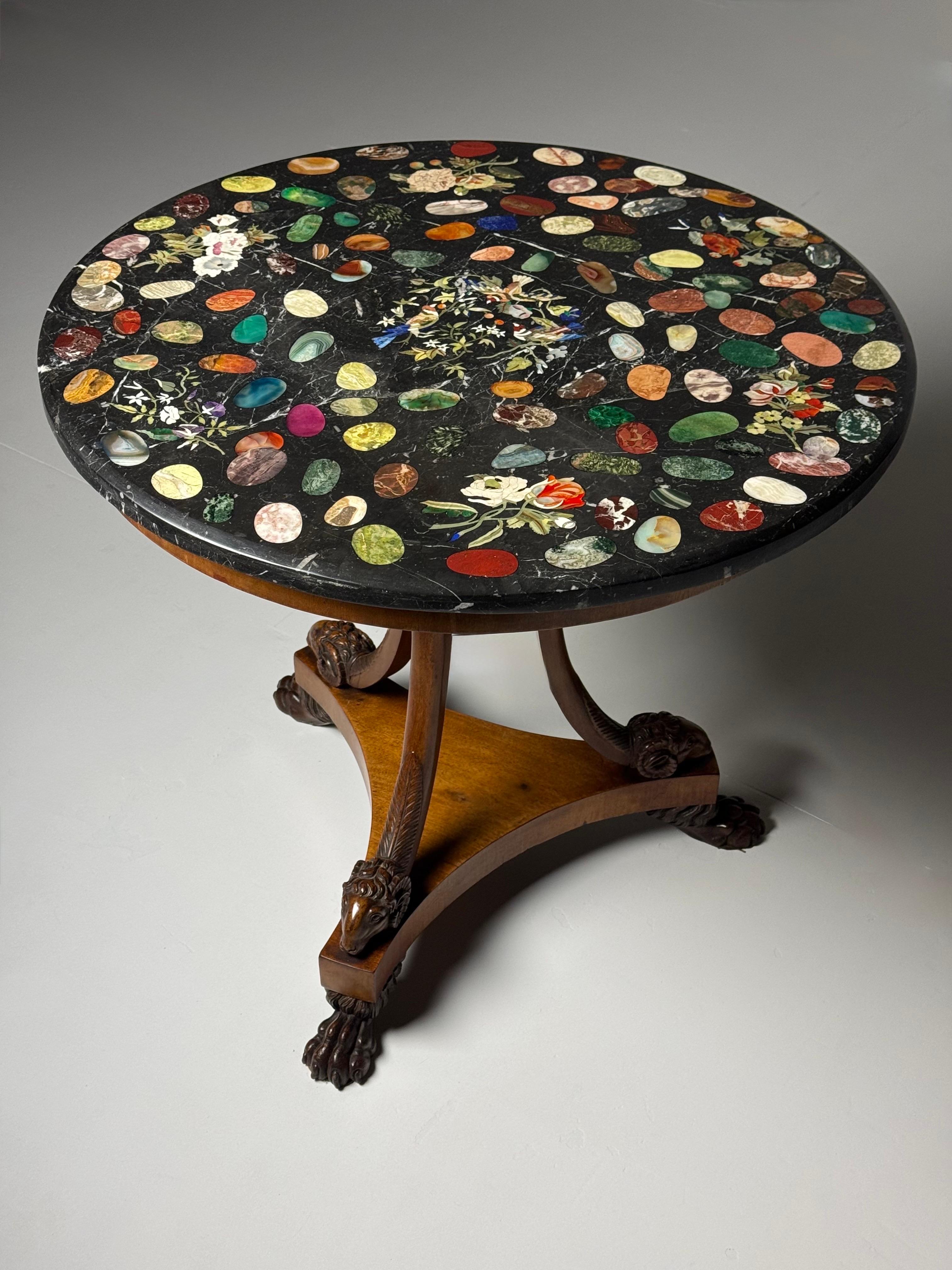 Italian Tripod Center Table 1820 with gemstone inlaid marble top For Sale 6