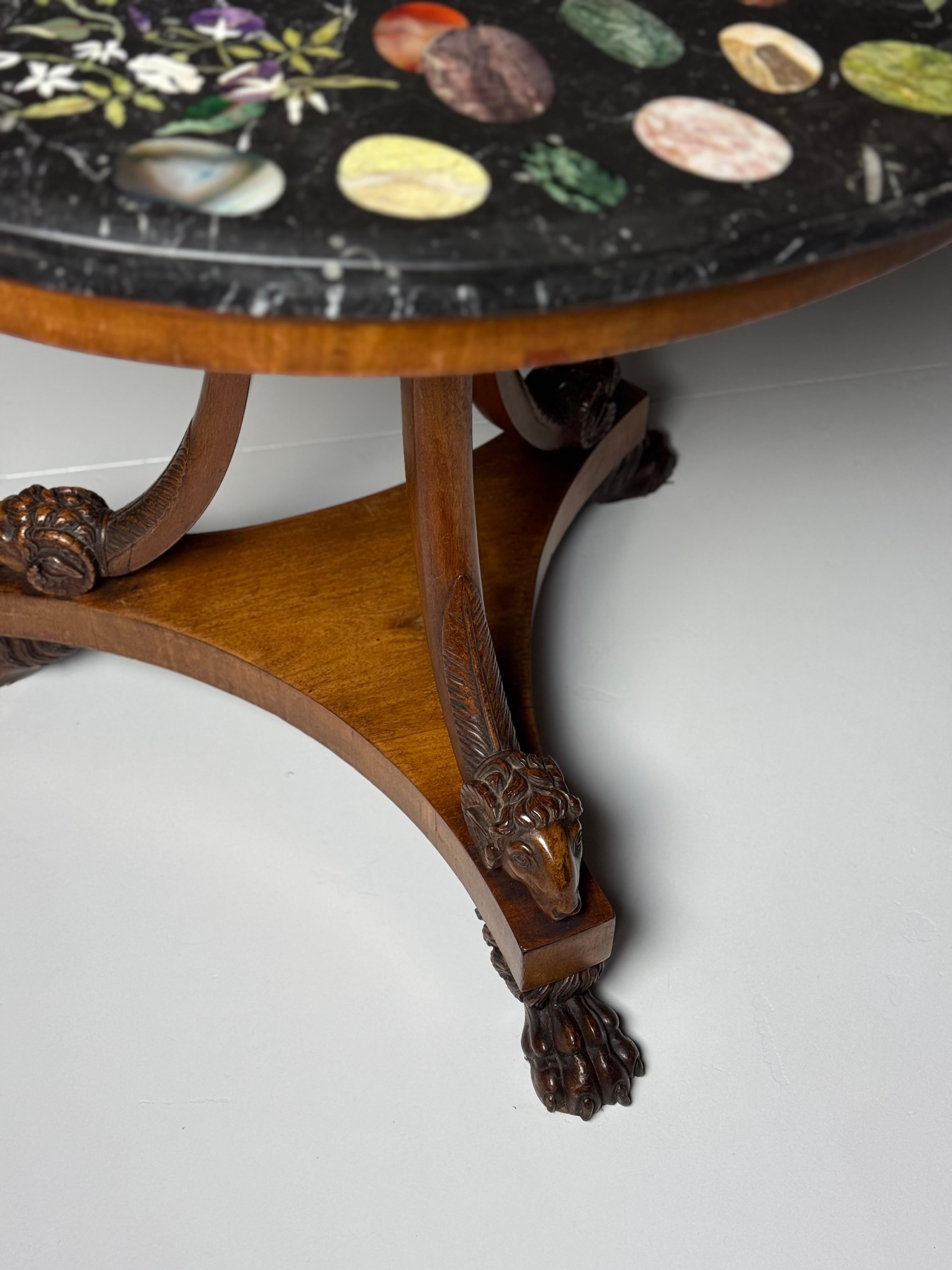 Italian Tripod Center Table 1820 with gemstone inlaid marble top For Sale 7