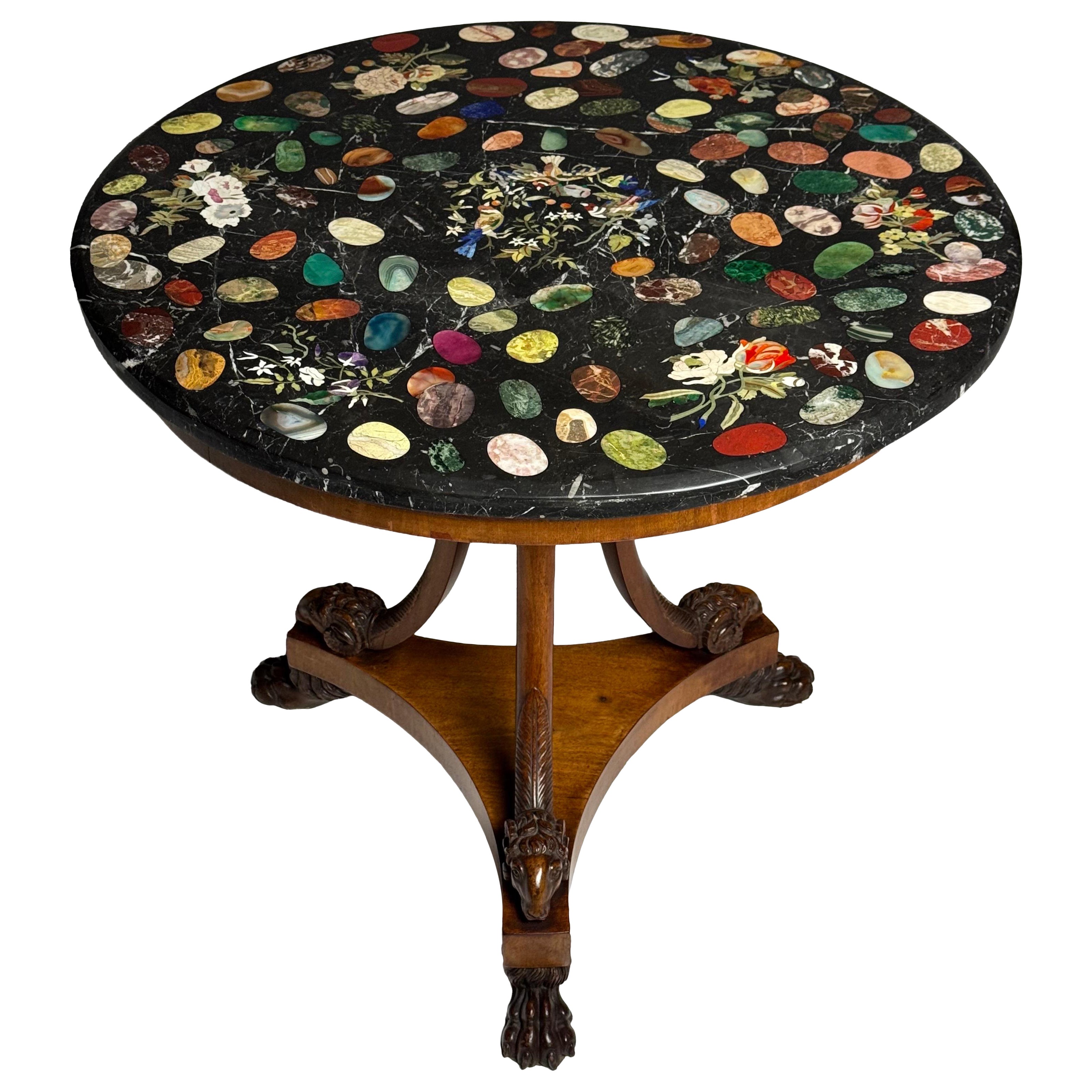 Italian Tripod Center Table 1820 with gemstone inlaid marble top For Sale