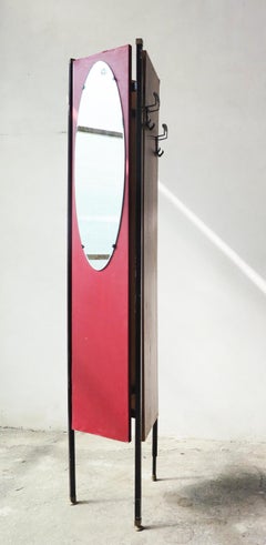 Italian Tripod Coat Rack with Oval Mirror, Black Iron, Wood, Brass Details