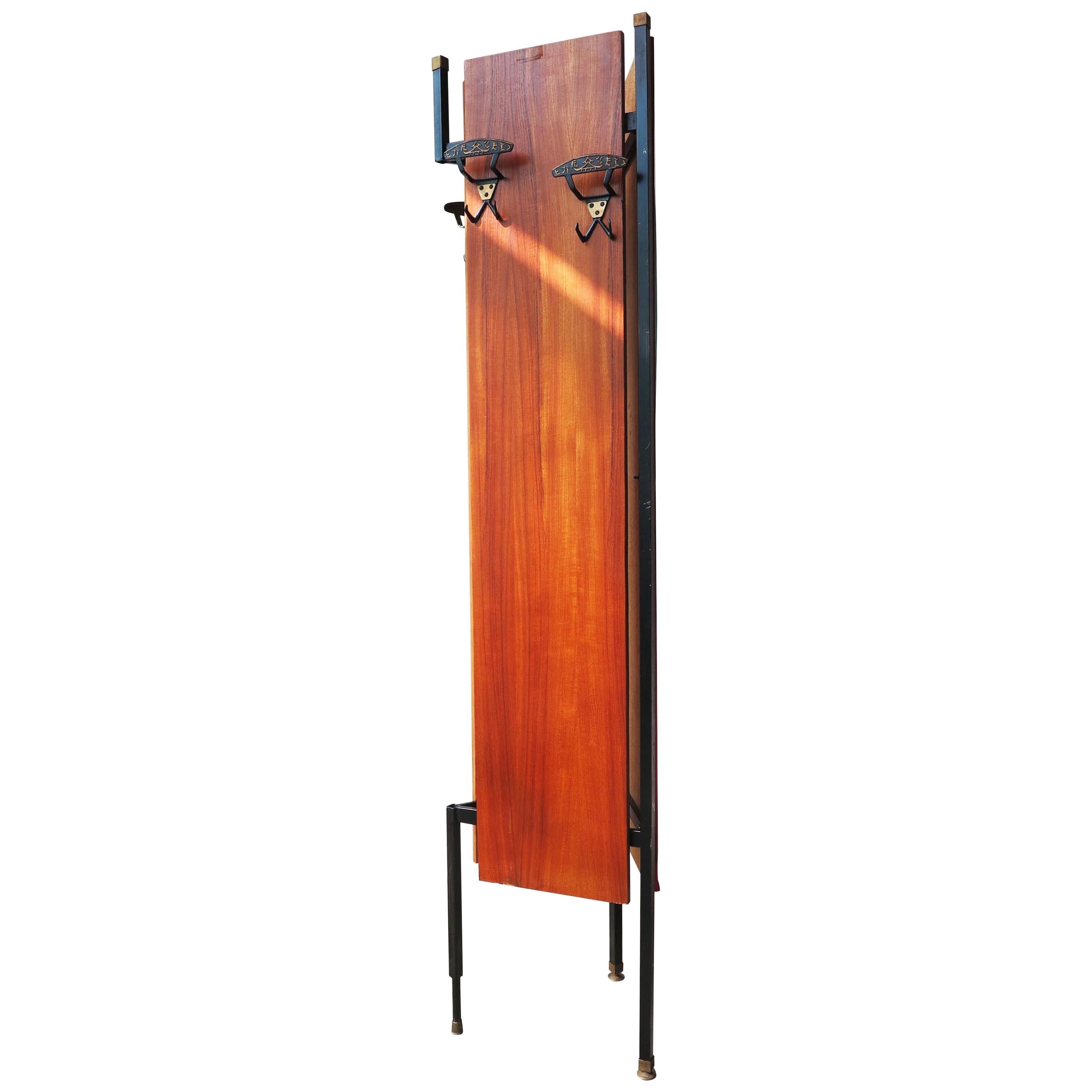 Italian Tripod Coat Rack with Oval Mirror, Black Iron, Wood, Brass Details For Sale