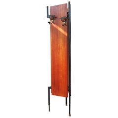 Italian Tripod Coat Rack with Oval Mirror, Black Iron, Wood, Brass Details