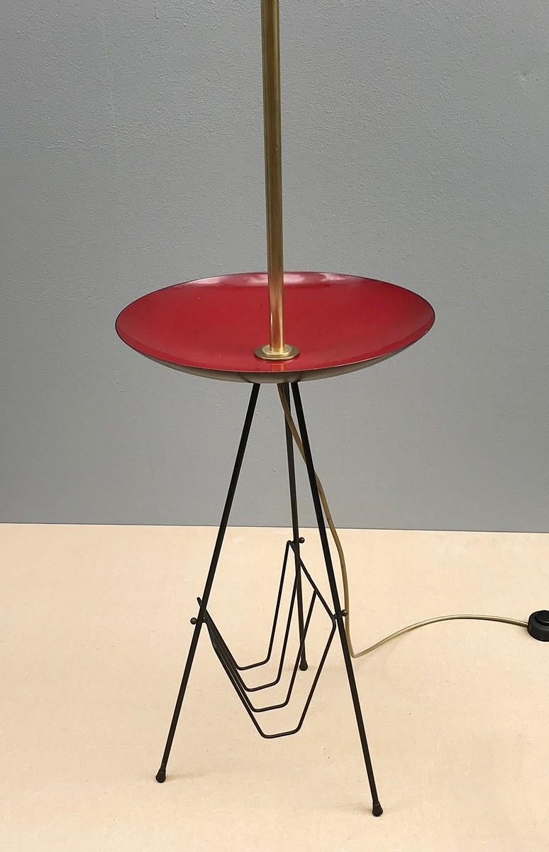 Italian tripod floor lamp with enamel table and magazine rack.