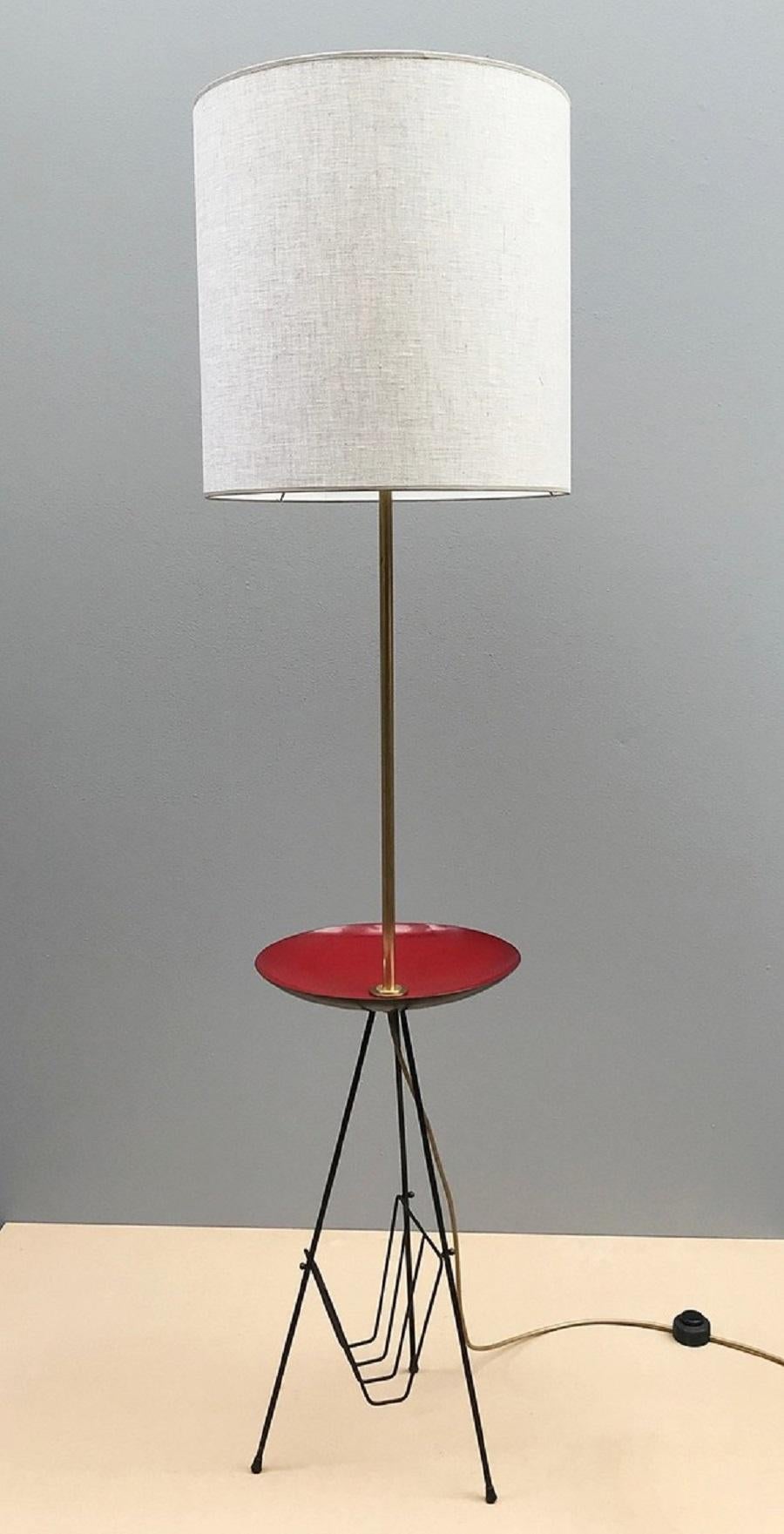Mid-Century Modern Italian Tripod Floor Lamp With Enamel Table and Magazine Rack For Sale