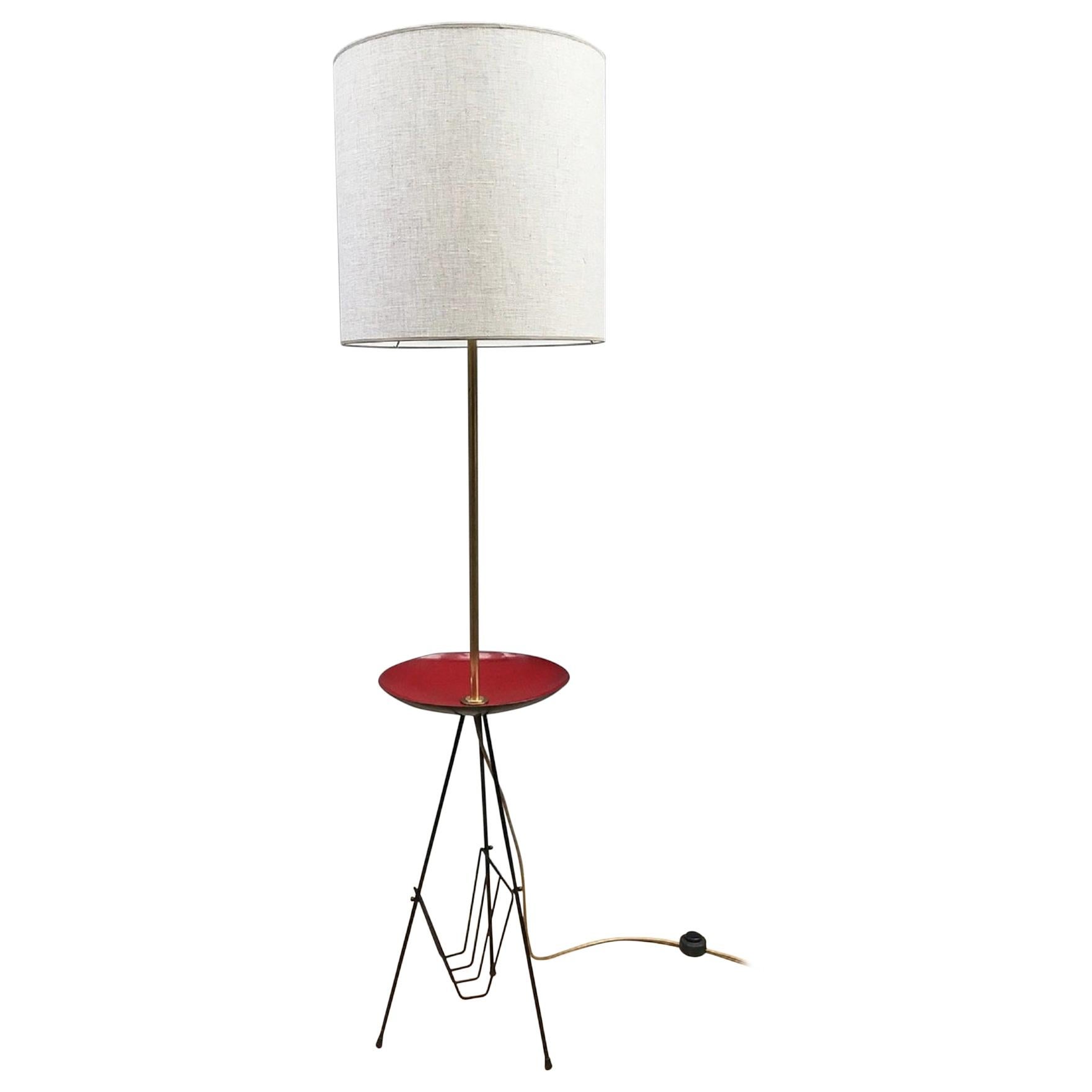 Italian Tripod Floor Lamp With Enamel Table and Magazine Rack For Sale