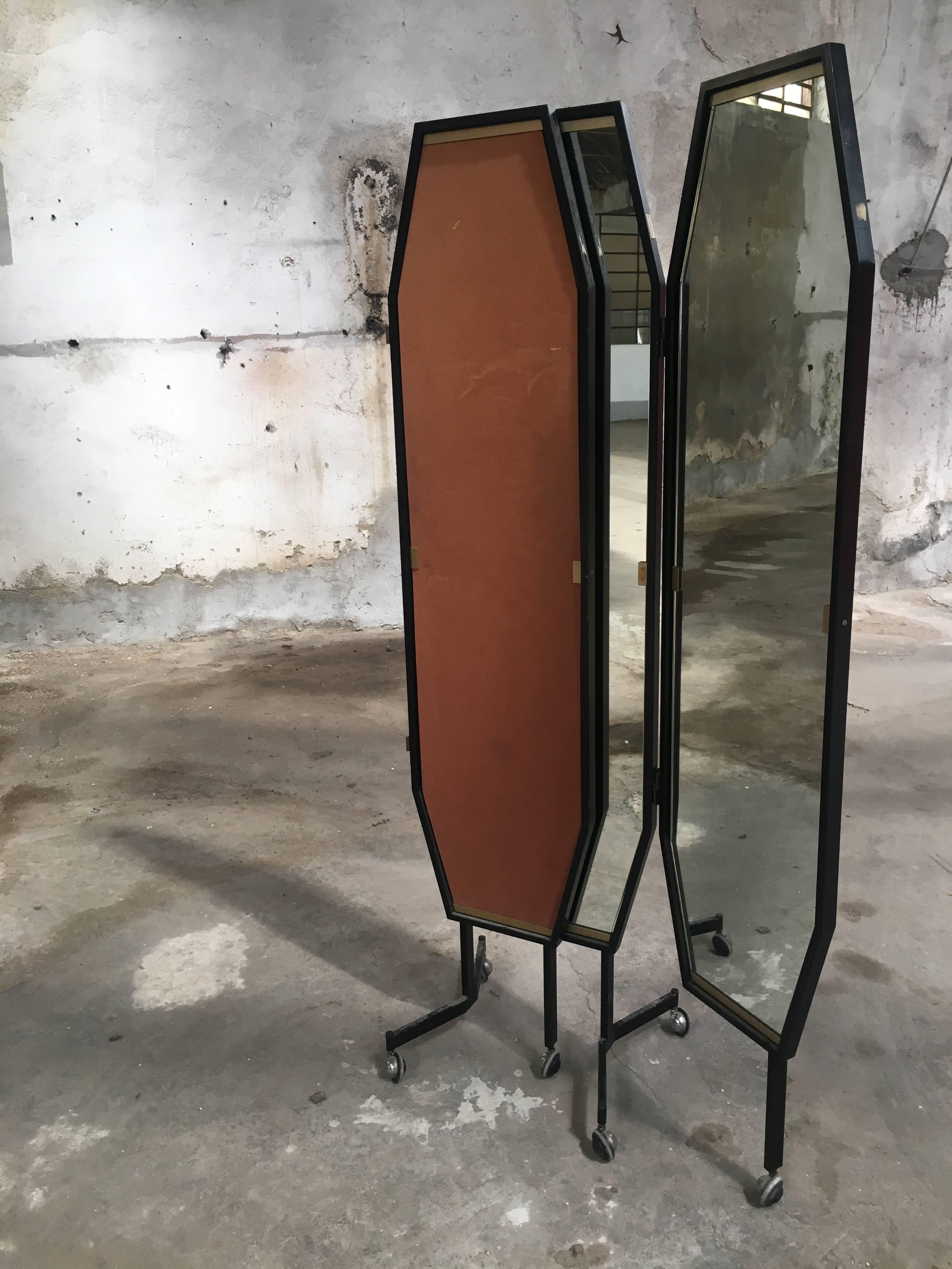 Mid-Century Modern Italian Triptych Freestanding Dressing Mirror on Wheels from 1960s