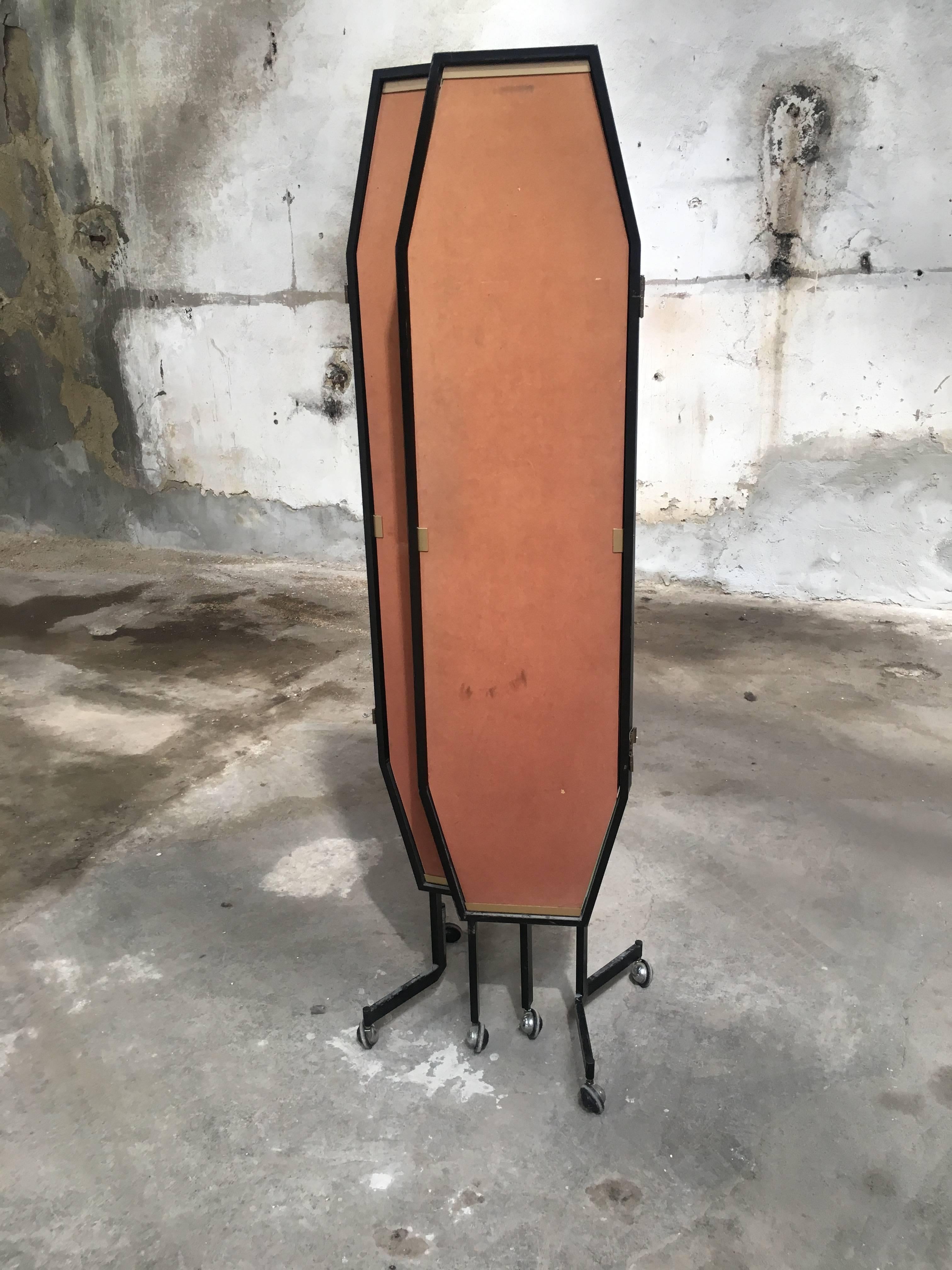 Metal Italian Triptych Freestanding Dressing Mirror on Wheels from 1960s