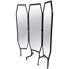 Italian Triptych Freestanding Dressing Mirror on Wheels from 1960s