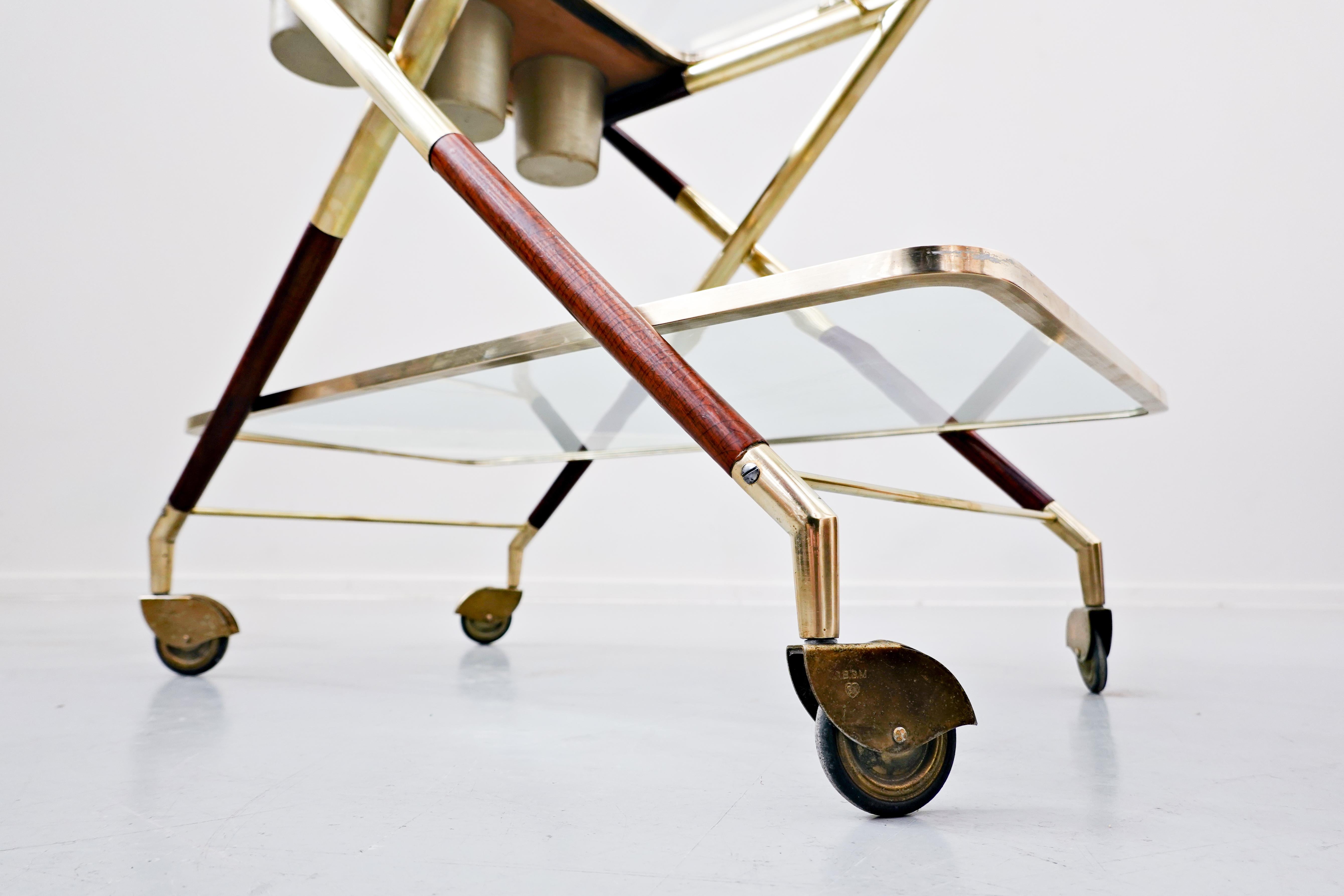 Mid-Century Modern Italian Trolley by Cesare Lacca, Glass and Brass, 1950s 1