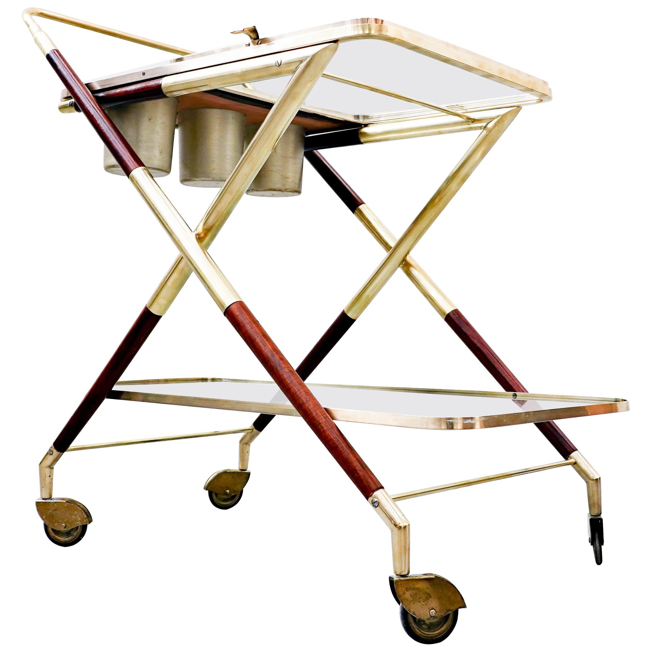 Mid-Century Modern Italian Trolley by Cesare Lacca, Glass and Brass, 1950s