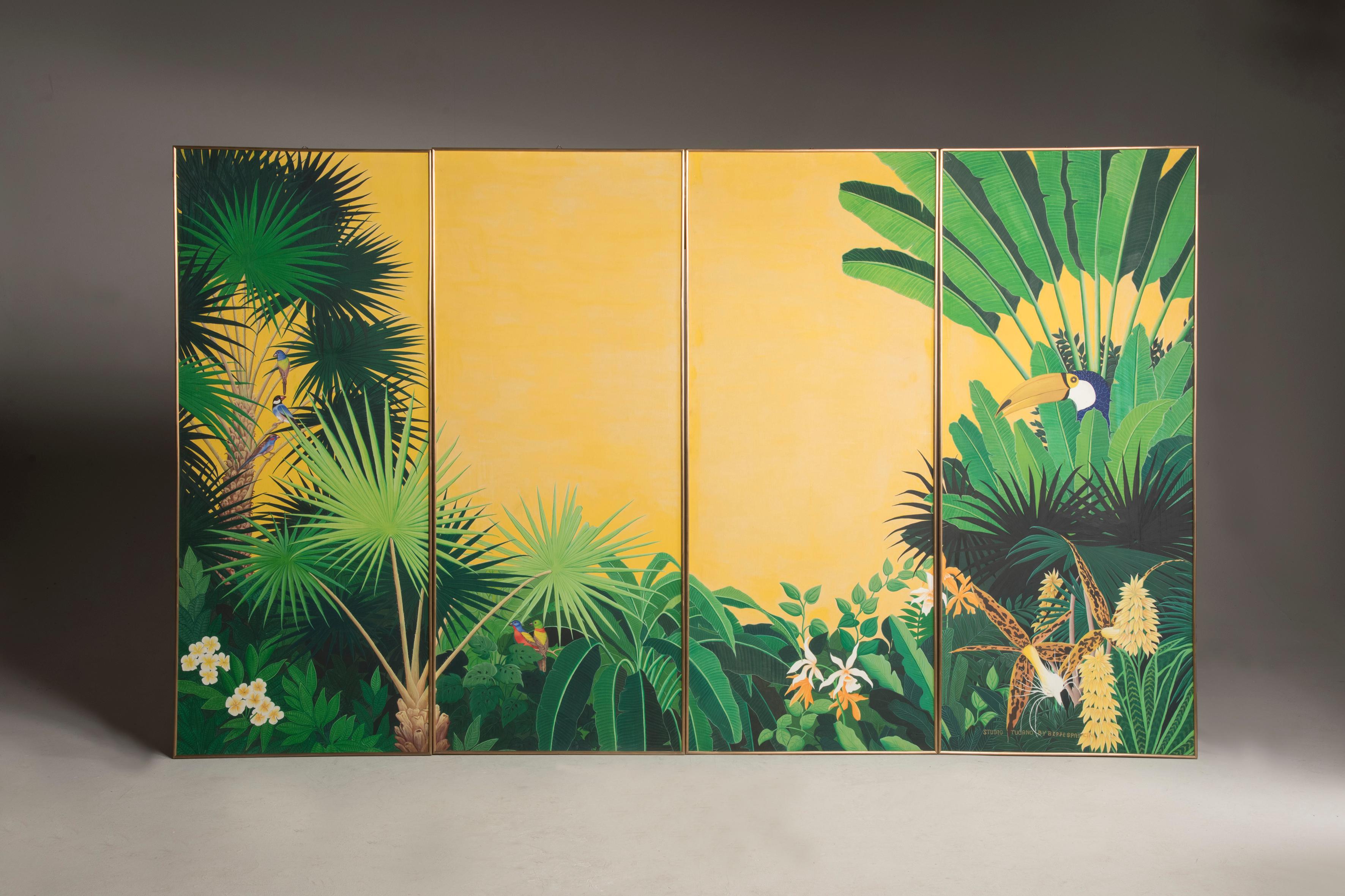 A set of four decorative tropical subject panels. Jungle, birds and a wonderful Tucano are represented in colorful and joyful composition. Colors most present are yellow and green in different tones. Oil on canvas framed in brass frames. In pictures