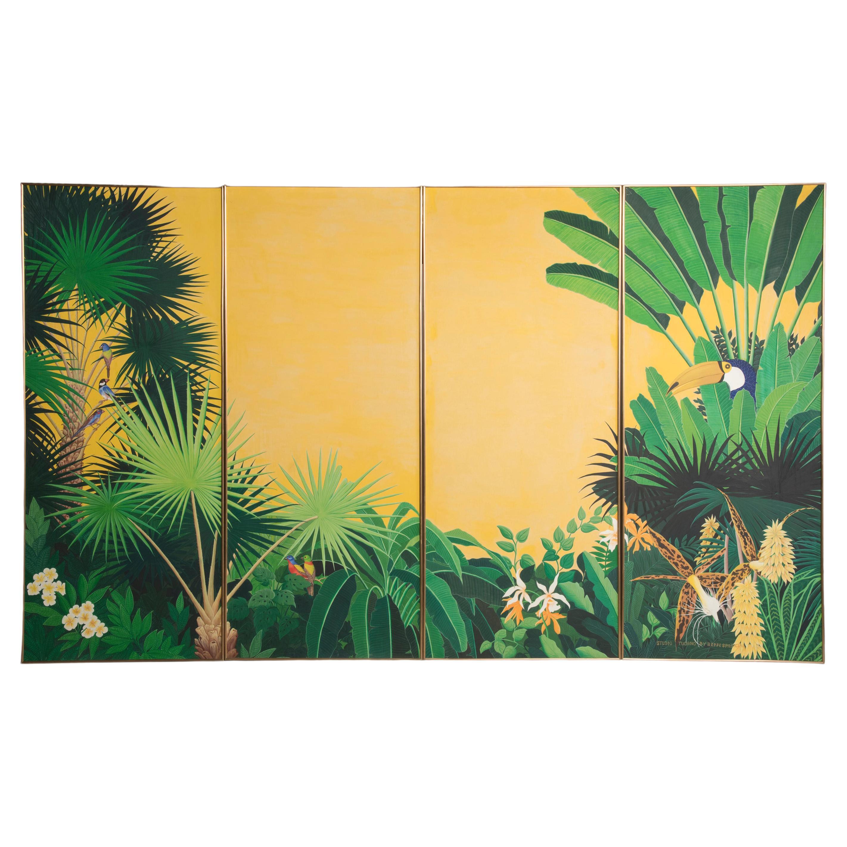 Italian Tropical Colorful Oil on Canvas Panels Brass Frame by Spadacini, 1990s