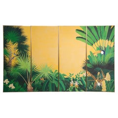 Used Italian Tropical Colorful Oil on Canvas Panels Brass Frame by Spadacini, 1990s