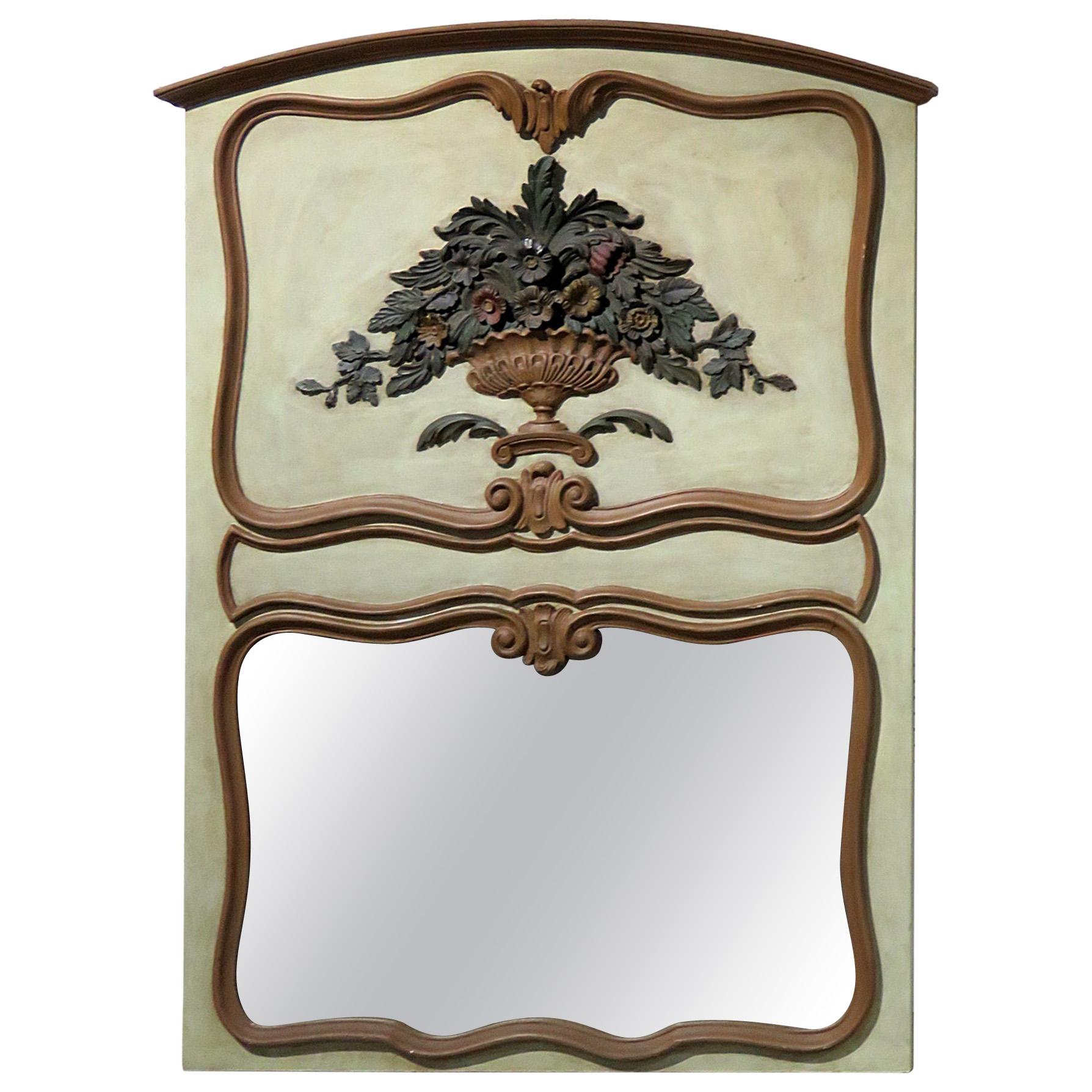Carved French Creme Painted French Trumeau Mirror w Urn with Spray of Flowers For Sale