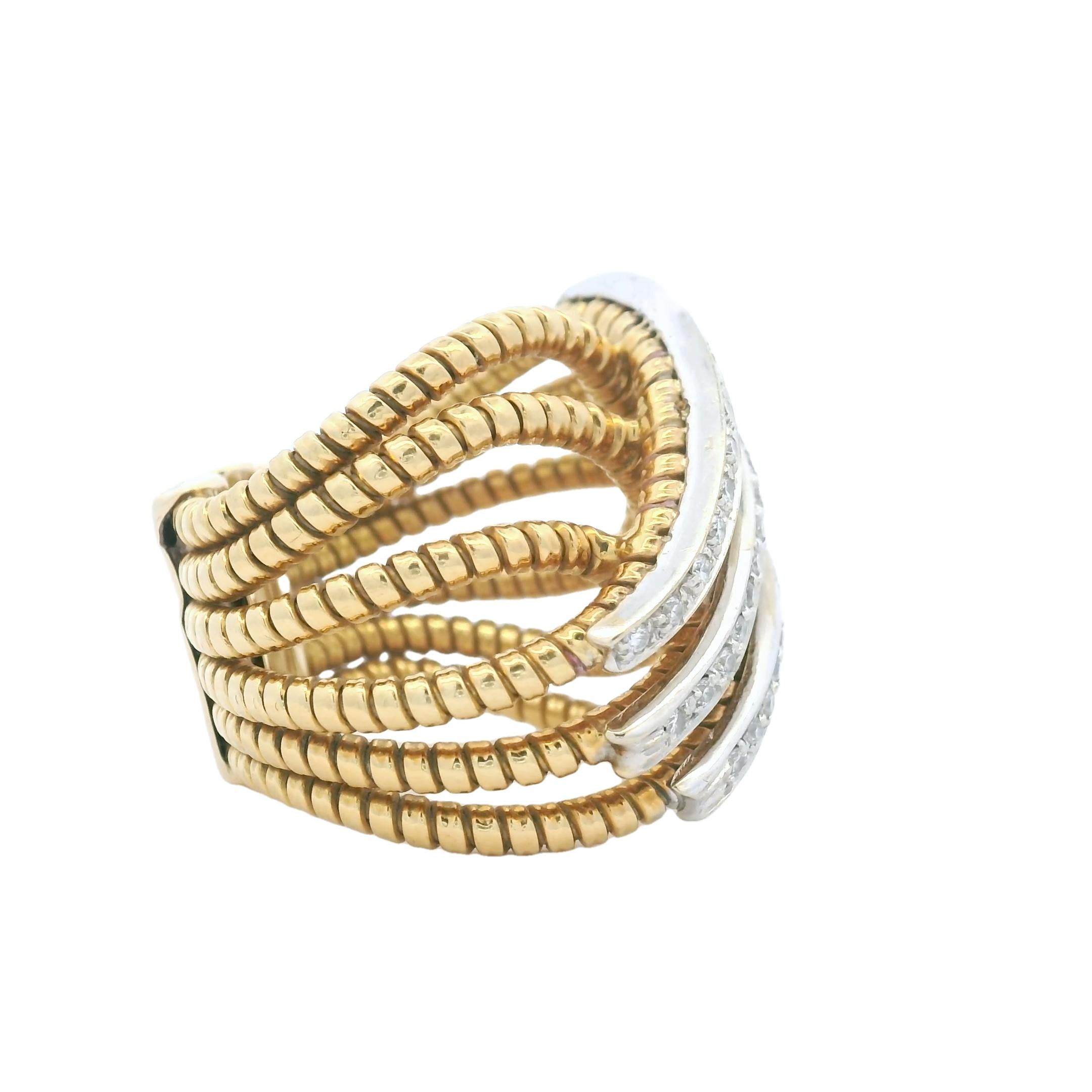 Bague croisée en or jaune 14K Tubogas italiens avec 1,20 ct de diamants Excellent état - En vente à Miami, FL
