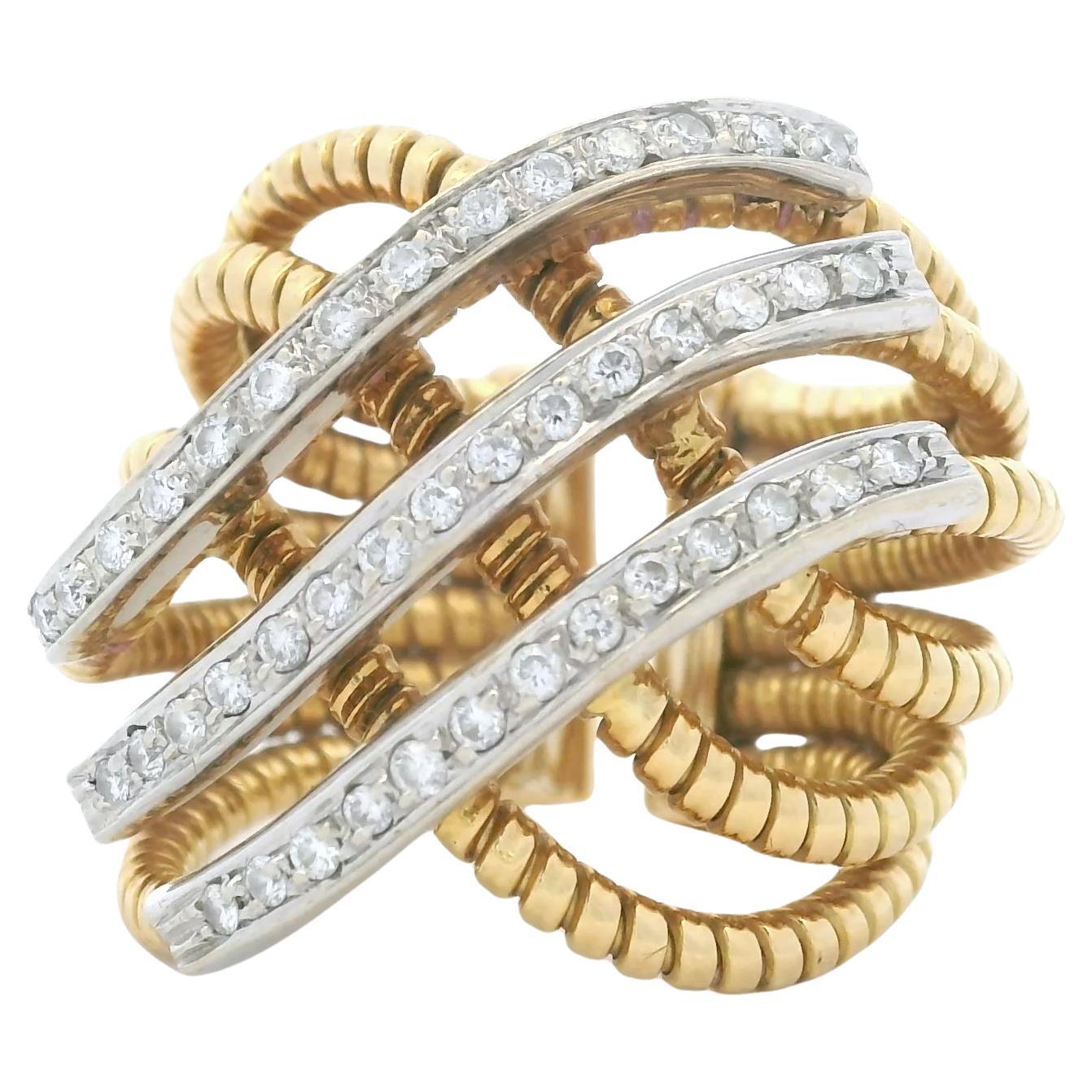 Anillo Cruzado Tubogas Italiano de Oro Amarillo de 14K con Diamantes de 1,20 qt