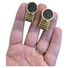 Italian Tubogas 18k Yellow Gold & Ancient Roman Coin Earrings Vintage Circa 1980