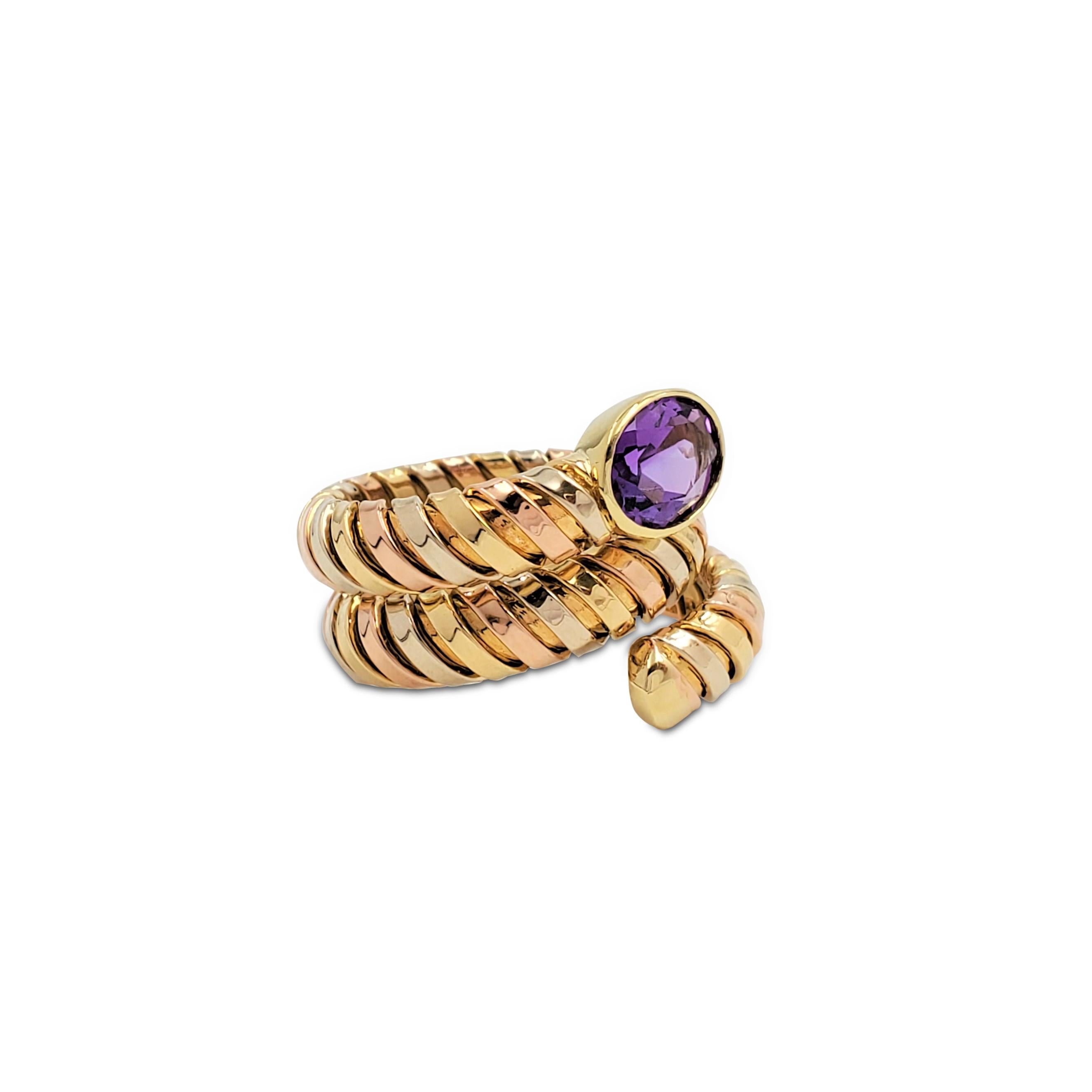 Italian Tubogas Tri-Color Gold Amethyst Ring In Excellent Condition In New York, NY