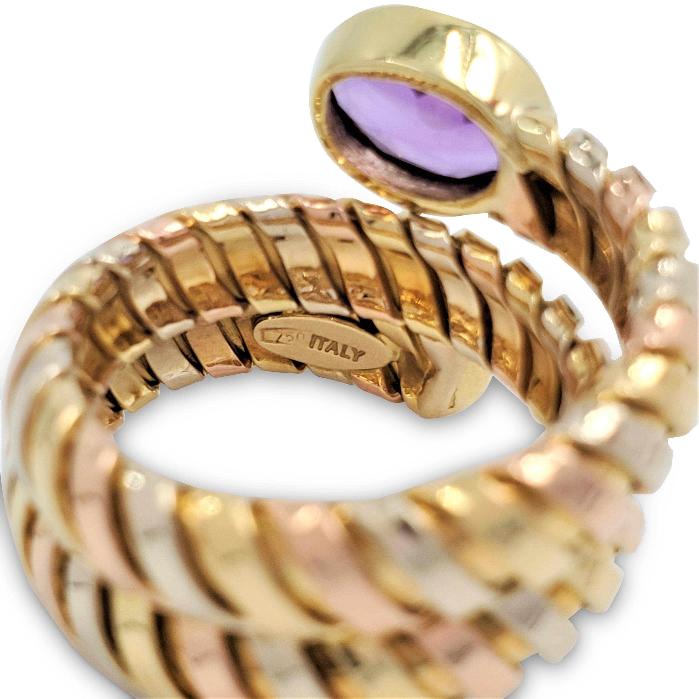 Women's or Men's Italian Tubogas Tri-Color Gold Amethyst Ring