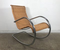 Italian Tubular Chrome and Wicker Rocking Chair, Bauhaus Style