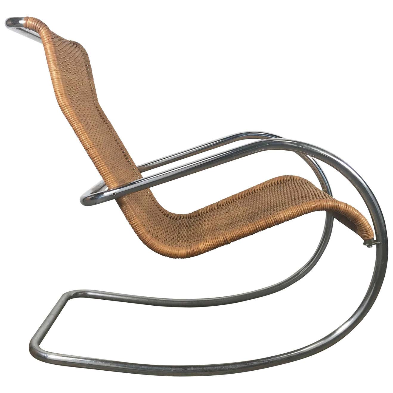 Italian Tubular Chrome and Wicker Rocking Chair, Bauhaus Style at 1stDibs