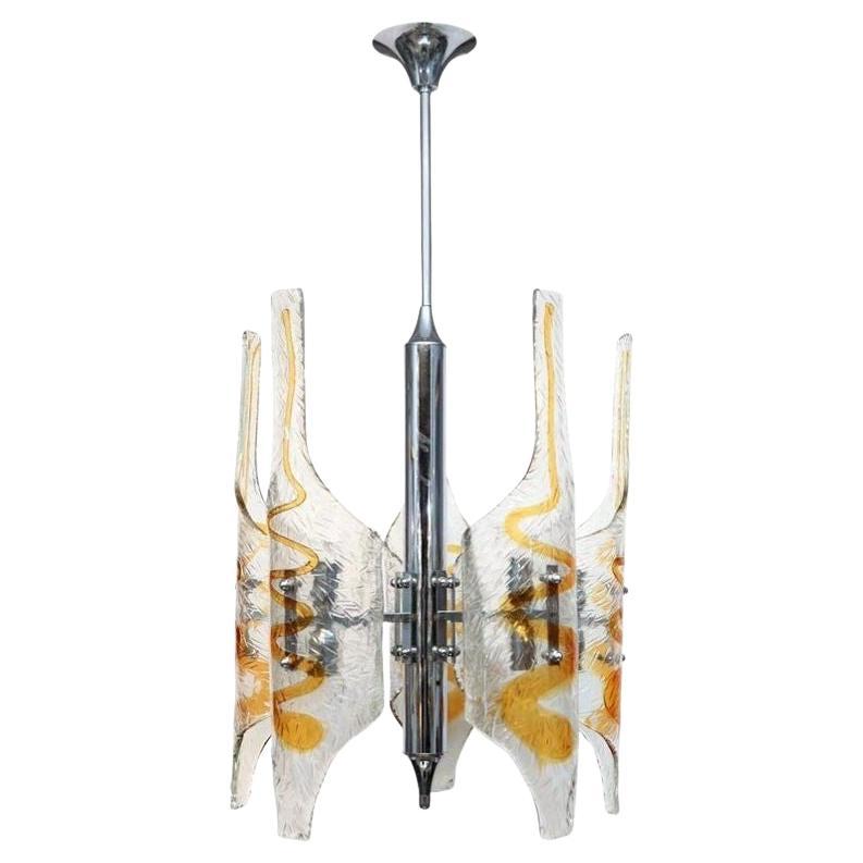 Italian Tubular Clear & Amber Murano Glass Chandelier Designed by Mazzega, 1970s