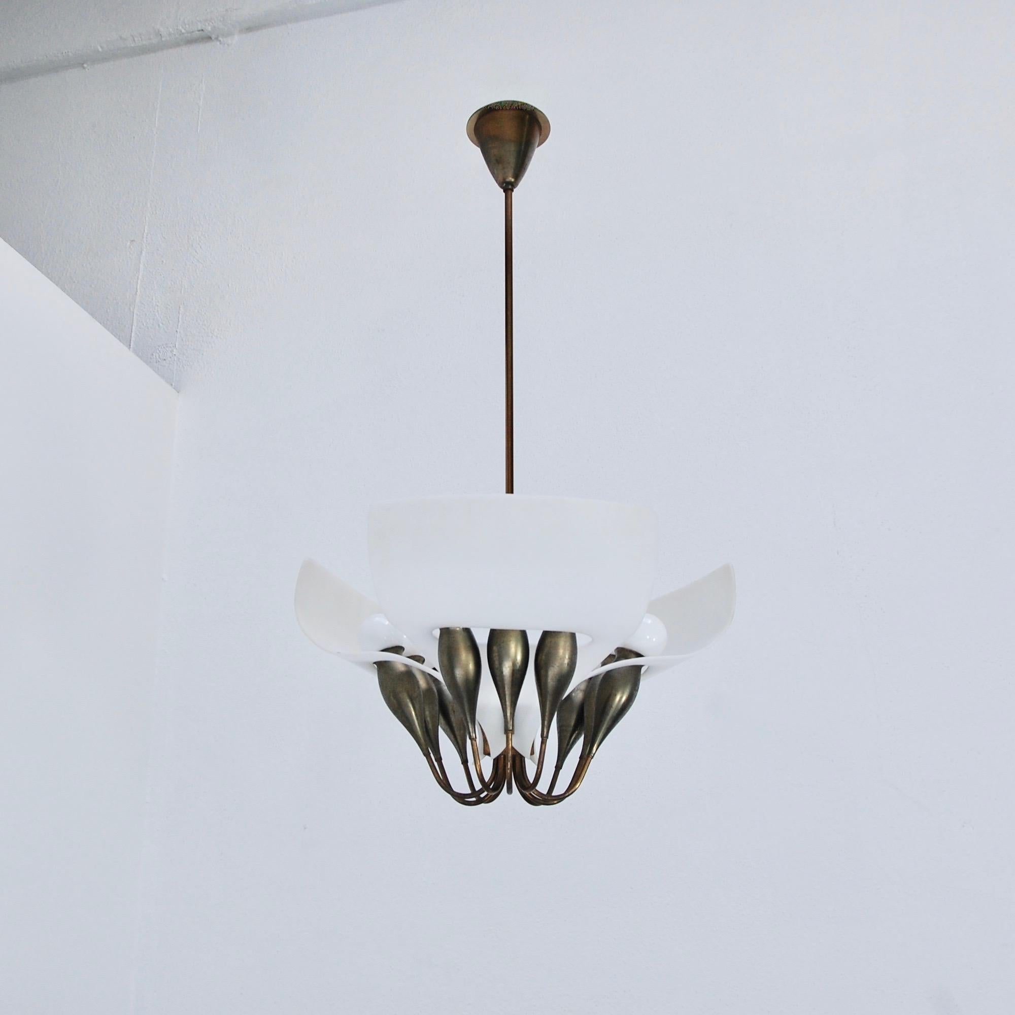 Elegant botanical tulip pendant from 1960s Italy with satin acrylic shades, brass and aged nickel hardware. Partially restored. Wired for the US with nine E12 candelabra based sockets. Light bulbs included. Overall drop adjustable upon
