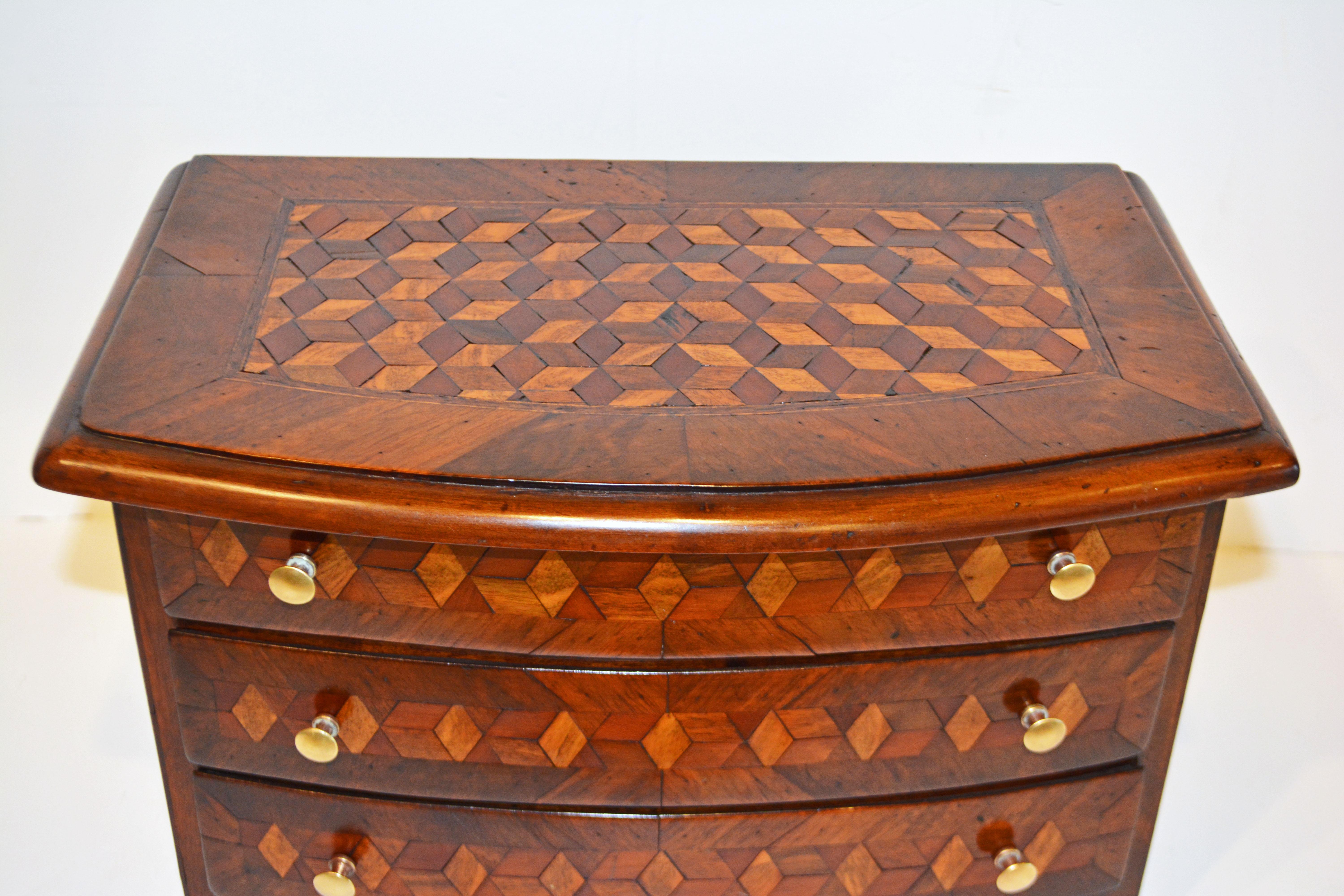 19th Century Italian Tumbling Block Parquetry Bow Front Miniature Three Drawer Commode