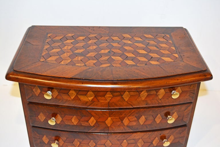 19th Century Italian Tumbling Block Parquetry Bow Front Miniature Three Drawer Commode For Sale
