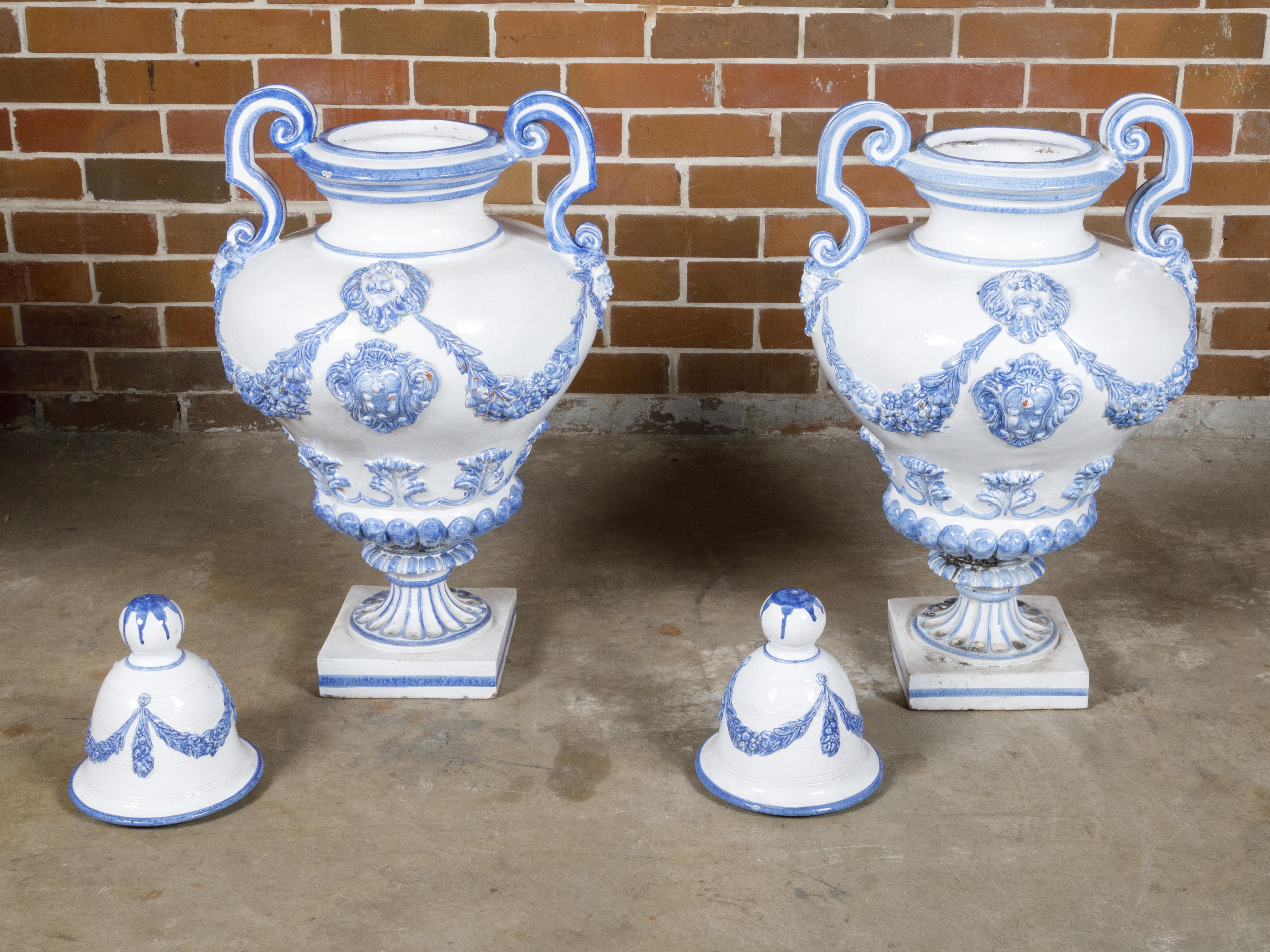 Italian Turn of the Century Blue and White Faience Lidded Jars with Fauns, Pair For Sale 6