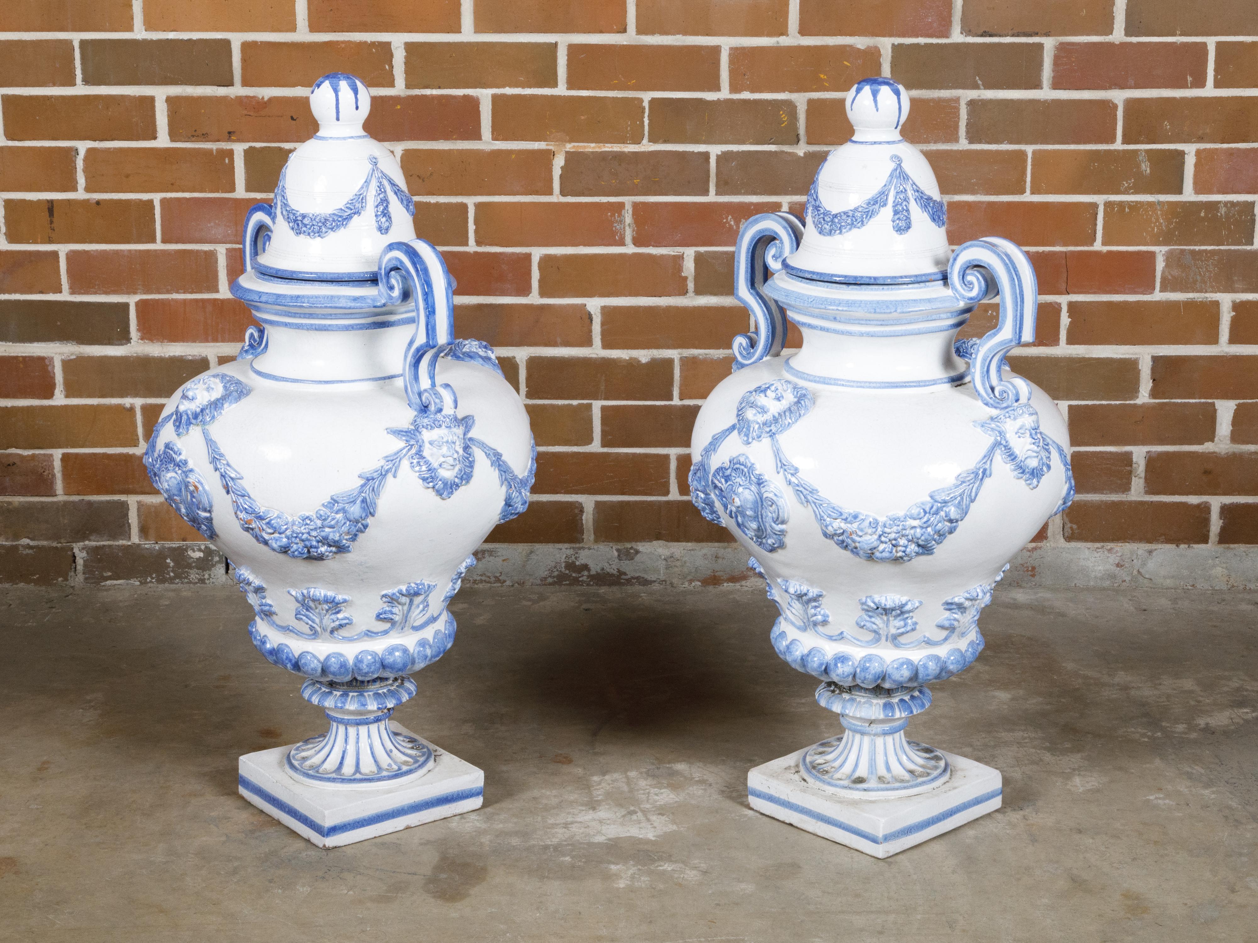 Italian Turn of the Century Blue and White Faience Lidded Jars with Fauns, Pair For Sale 7