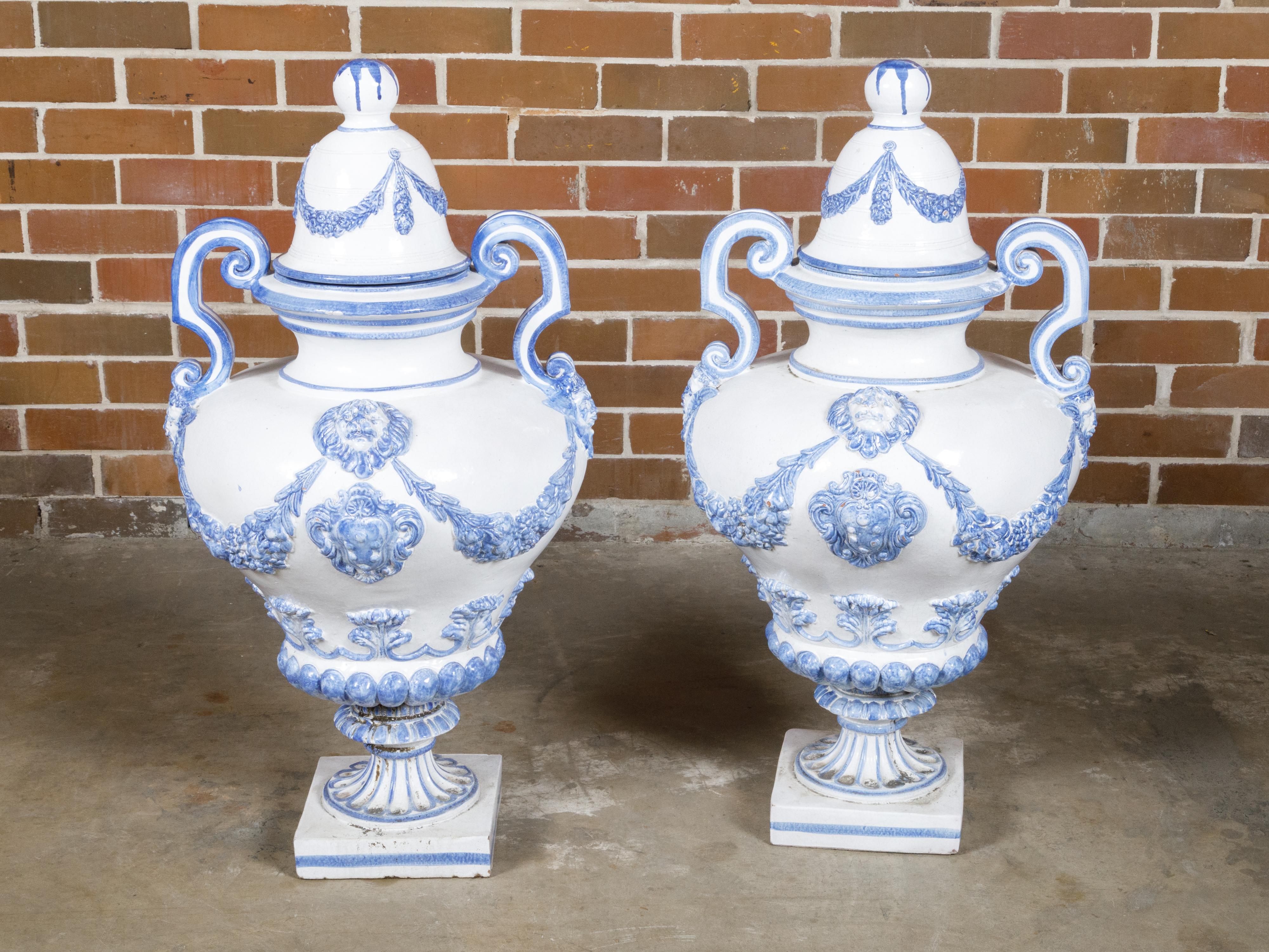 Italian Turn of the Century Blue and White Faience Lidded Jars with Fauns, Pair For Sale 9