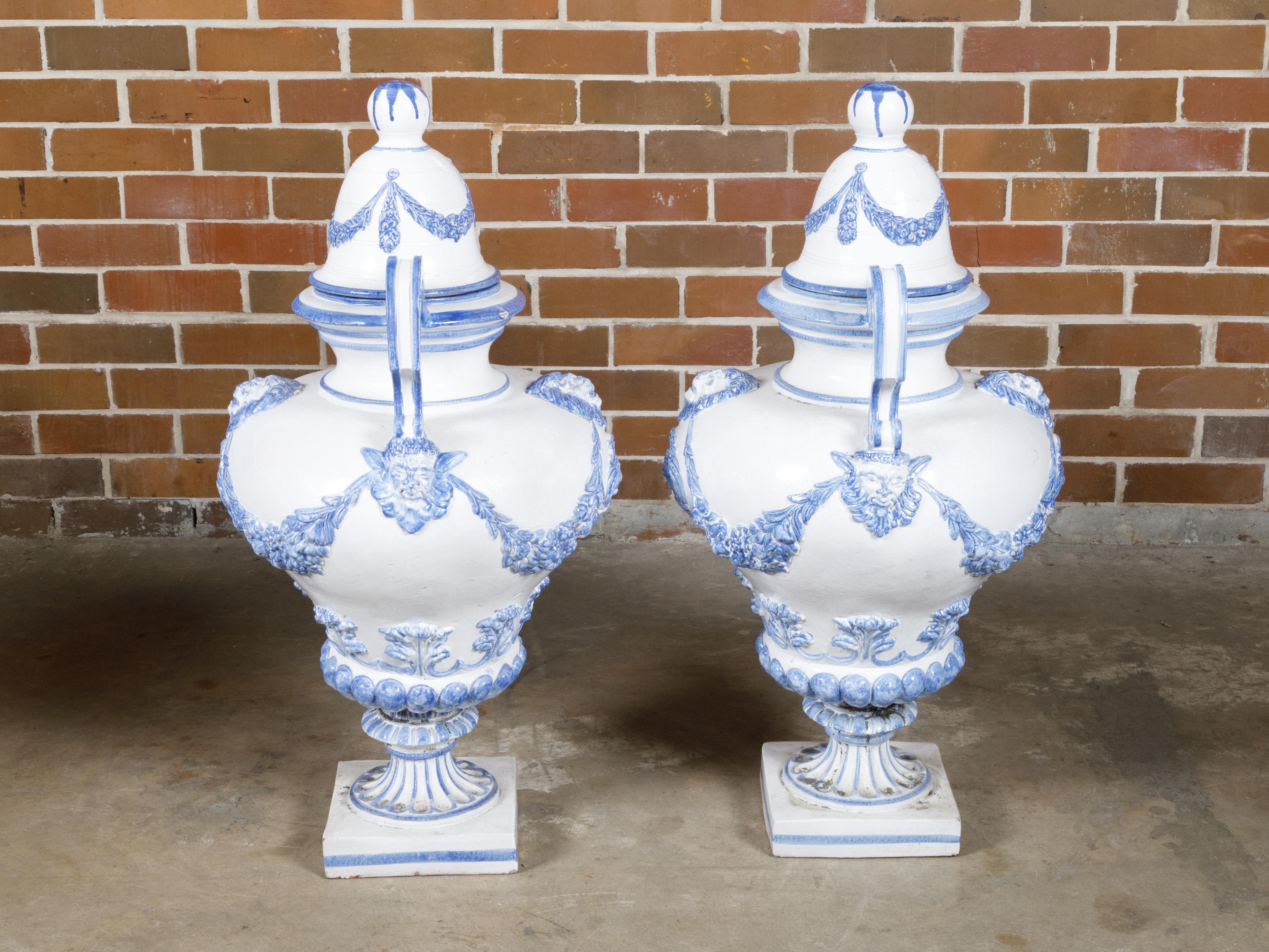 Italian Turn of the Century Blue and White Faience Lidded Jars with Fauns, Pair For Sale 10