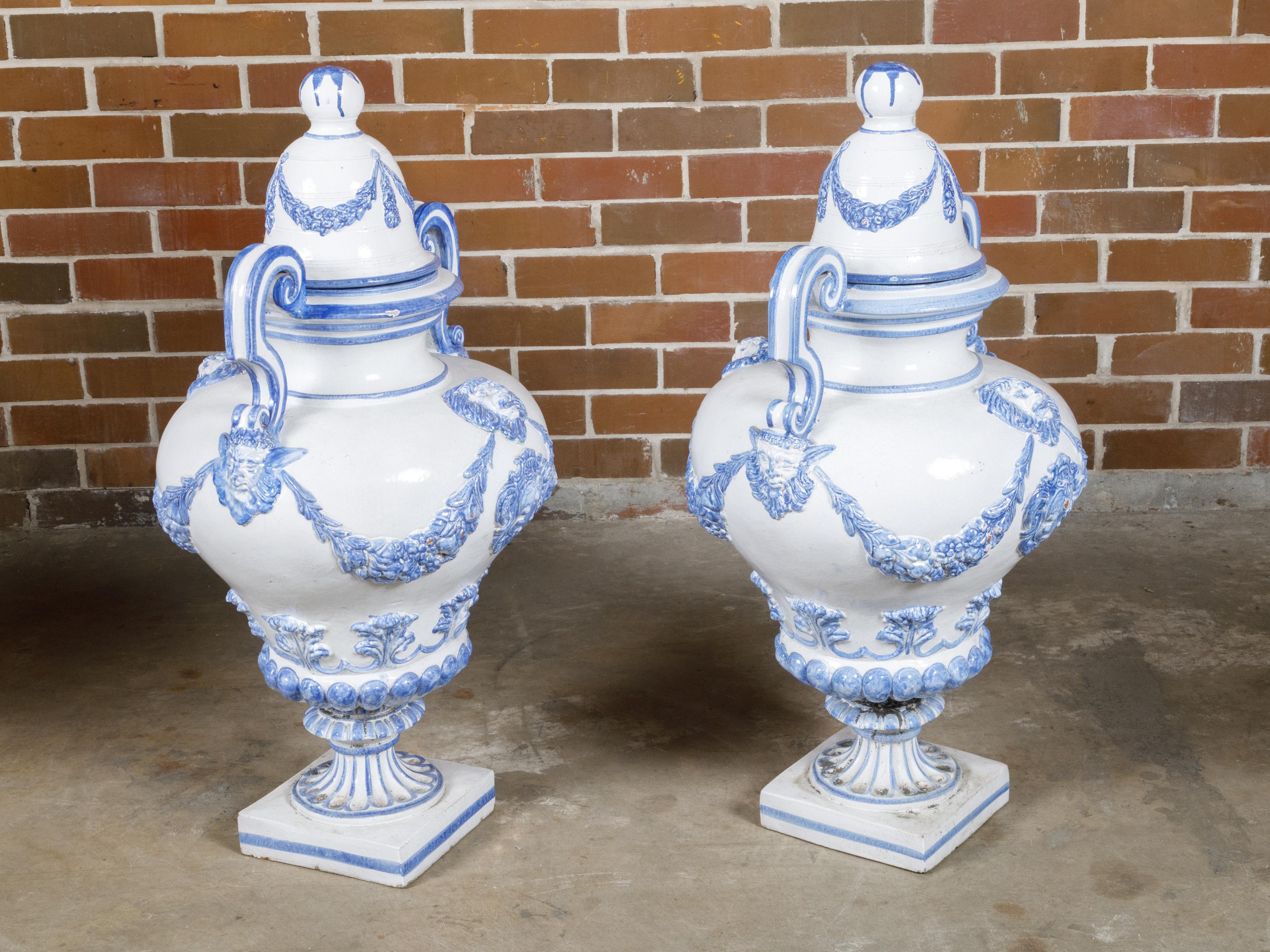 Italian Turn of the Century Blue and White Faience Lidded Jars with Fauns, Pair For Sale 11