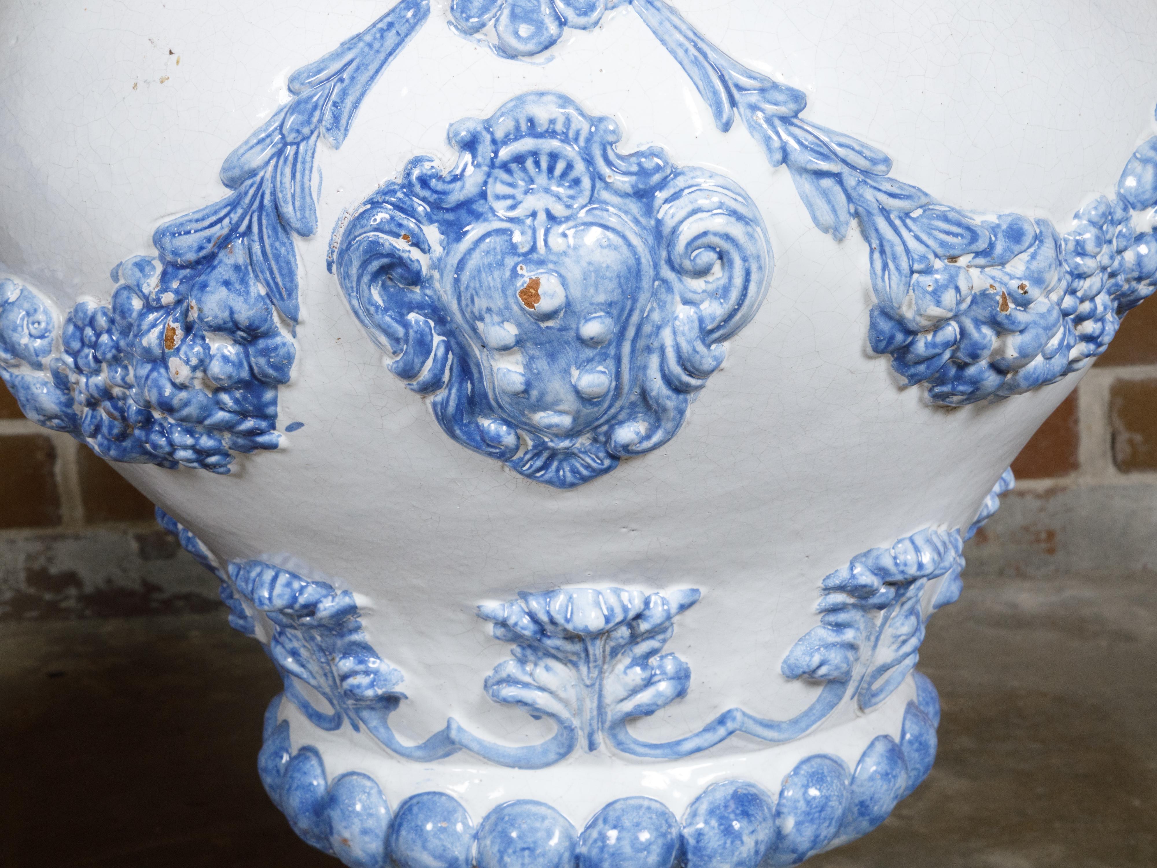 Italian Turn of the Century Blue and White Faience Lidded Jars with Fauns, Pair For Sale 2