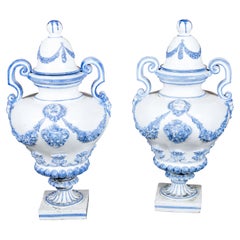 Italian Turn of the Century Blue and White Faience Lidded Jars with Fauns, Pair