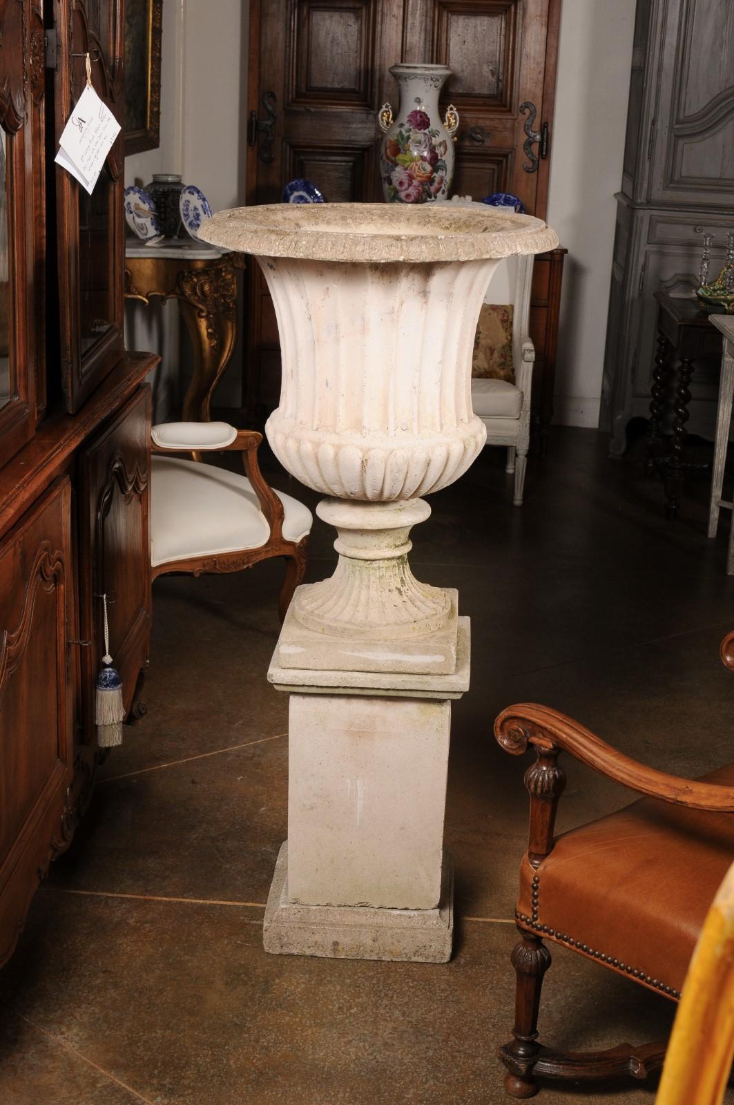 Italian Turn of the Century Campania Urn with Gadroon Motifs on Tall Pedestal 5