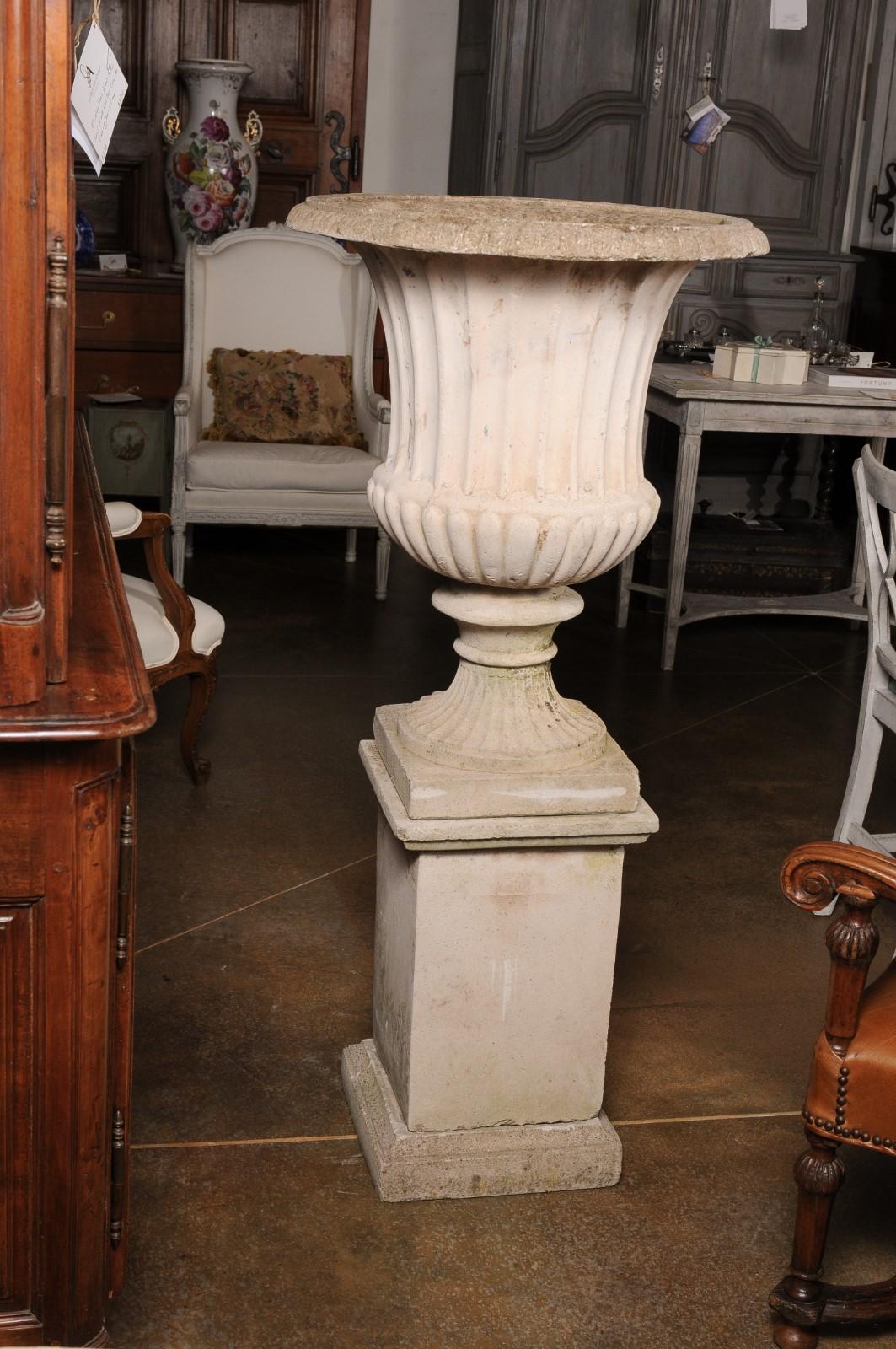 Italian Turn of the Century Campania Urn with Gadroon Motifs on Tall Pedestal 7