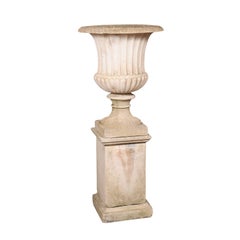 Italian Turn of the Century Campania Urn with Gadroon Motifs on Tall Pedestal